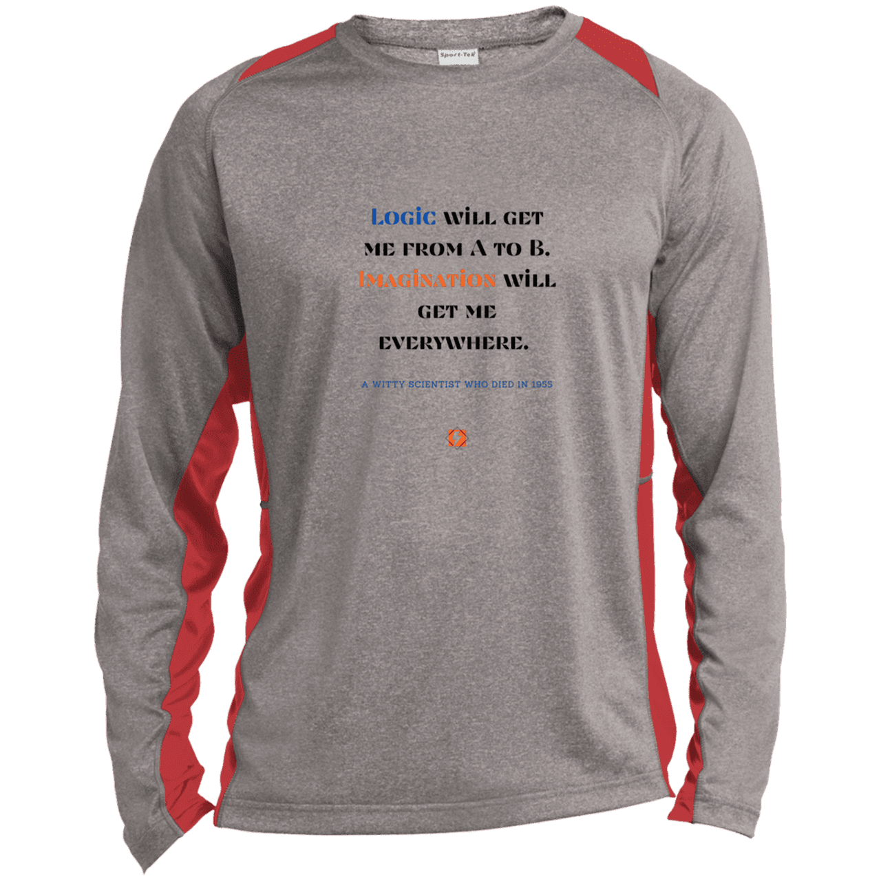 Men's LS Heather Colorblock T-Shirt with inspiring Einstein quote: E113 - Imagination will get you where logic can't - Color: Vintage Heather/True Red