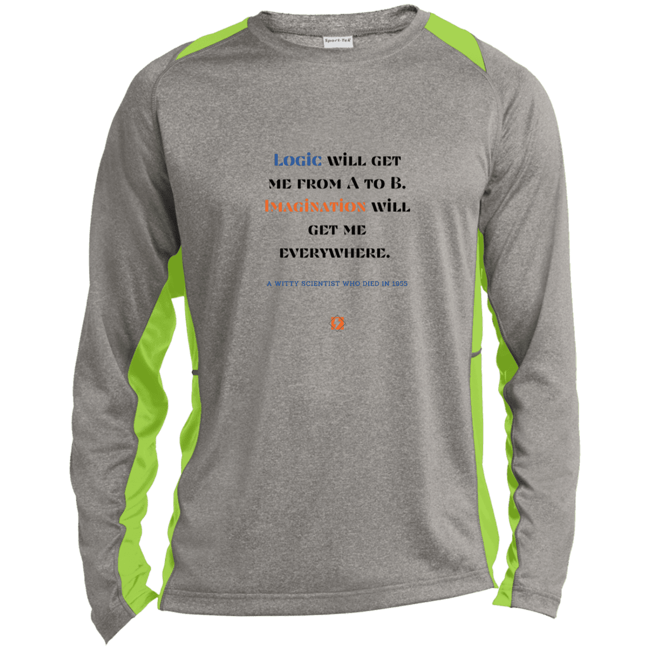 Men's LS Heather Colorblock T-Shirt with inspiring Einstein quote: E113 - Imagination will get you where logic can't - Color: Vintage Heather/Lime Shock