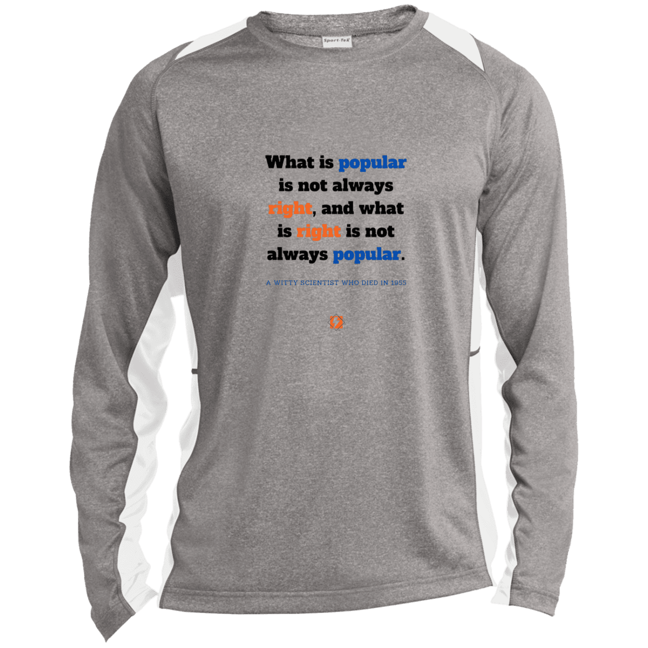 Men's LS Heather Colorblock T-Shirt with inspiring Einstein quote: E114 - Popular and right are two different things - Color: Vintage Heather/White