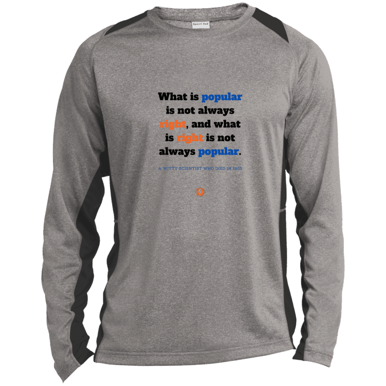 Men's LS Heather Colorblock T-Shirt with inspiring Einstein quote: E114 - Popular and right are two different things - Color: Vintage Heather/Black