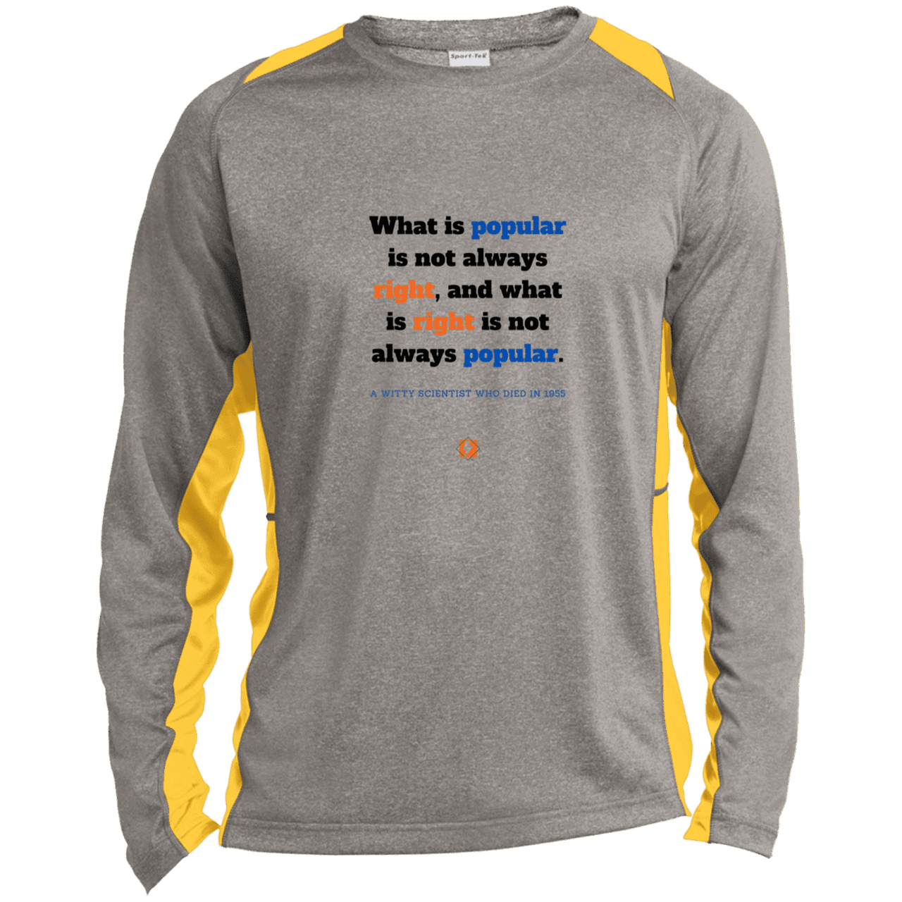 Men's LS Heather Colorblock T-Shirt with inspiring Einstein quote: E114 - Popular and right are two different things - Color: Vintage Heather/Gold