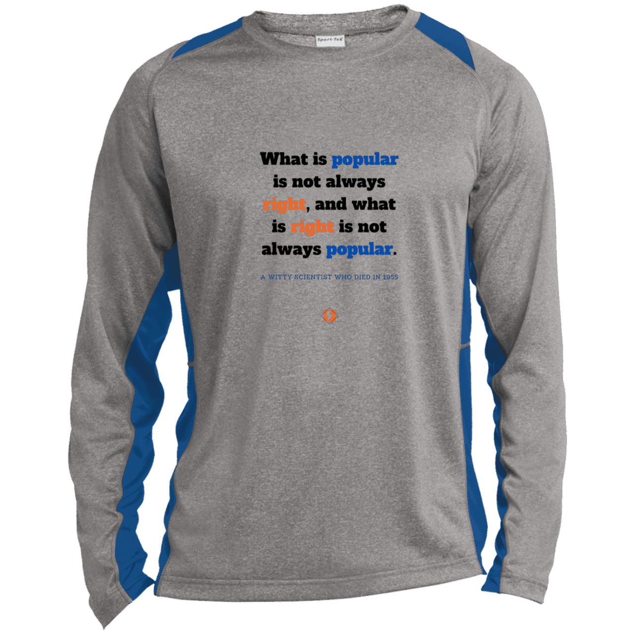 Men's LS Heather Colorblock T-Shirt with inspiring Einstein quote: E114 - Popular and right are two different things - Color: Vintage Heather/True Royal