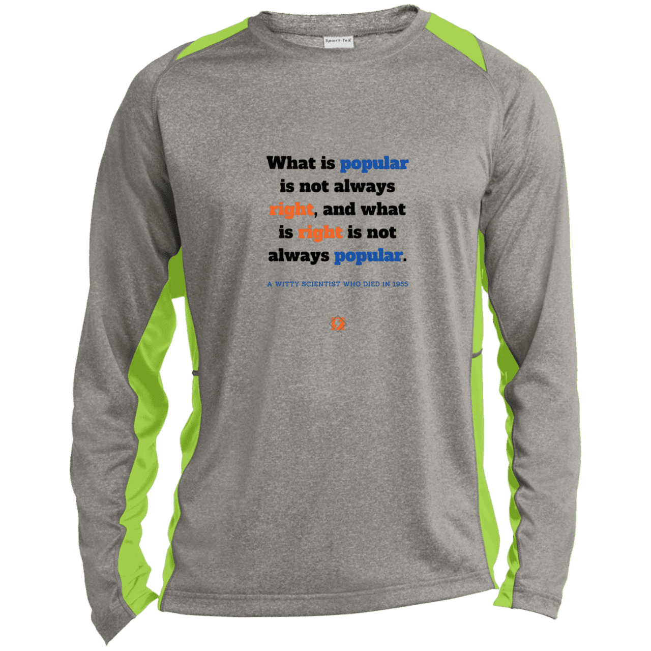 Men's LS Heather Colorblock T-Shirt with inspiring Einstein quote: E114 - Popular and right are two different things - Color: Vintage Heather/Lime Shock