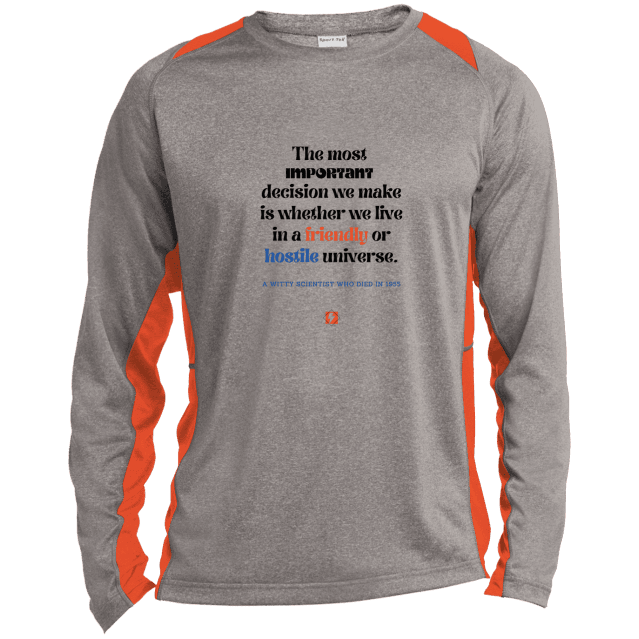 Men's LS Heather Colorblock T-Shirt with inspiring Einstein quote: E115 - Understanding the nature of the universe is key - Color: Vintage Heather/Deep Orange