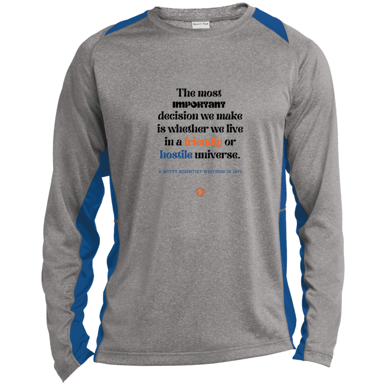 Men's LS Heather Colorblock T-Shirt with inspiring Einstein quote: E115 - Understanding the nature of the universe is key - Color: Vintage Heather/True Royal