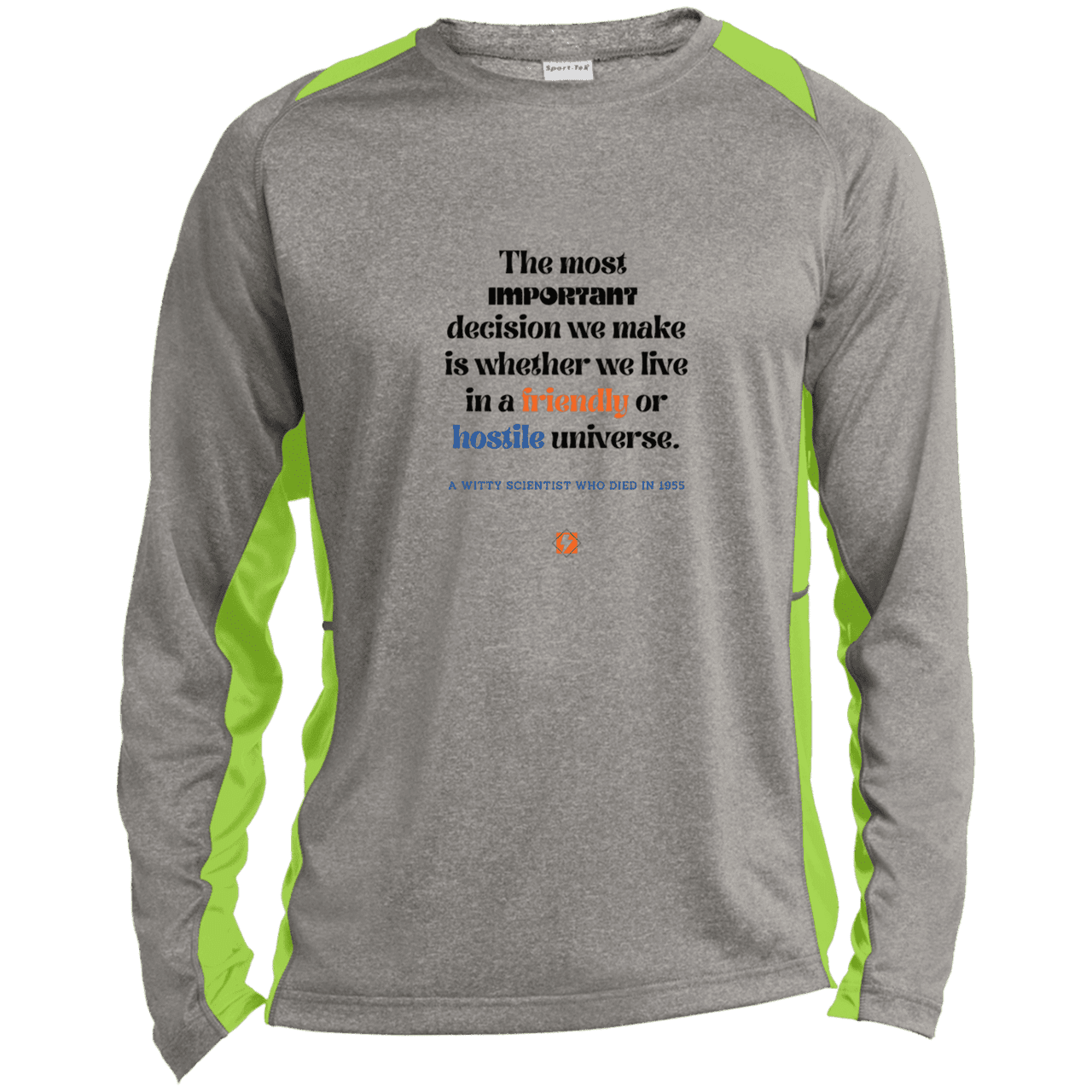 Men's LS Heather Colorblock T-Shirt with inspiring Einstein quote: E115 - Understanding the nature of the universe is key - Color: Vintage Heather/Lime Shock