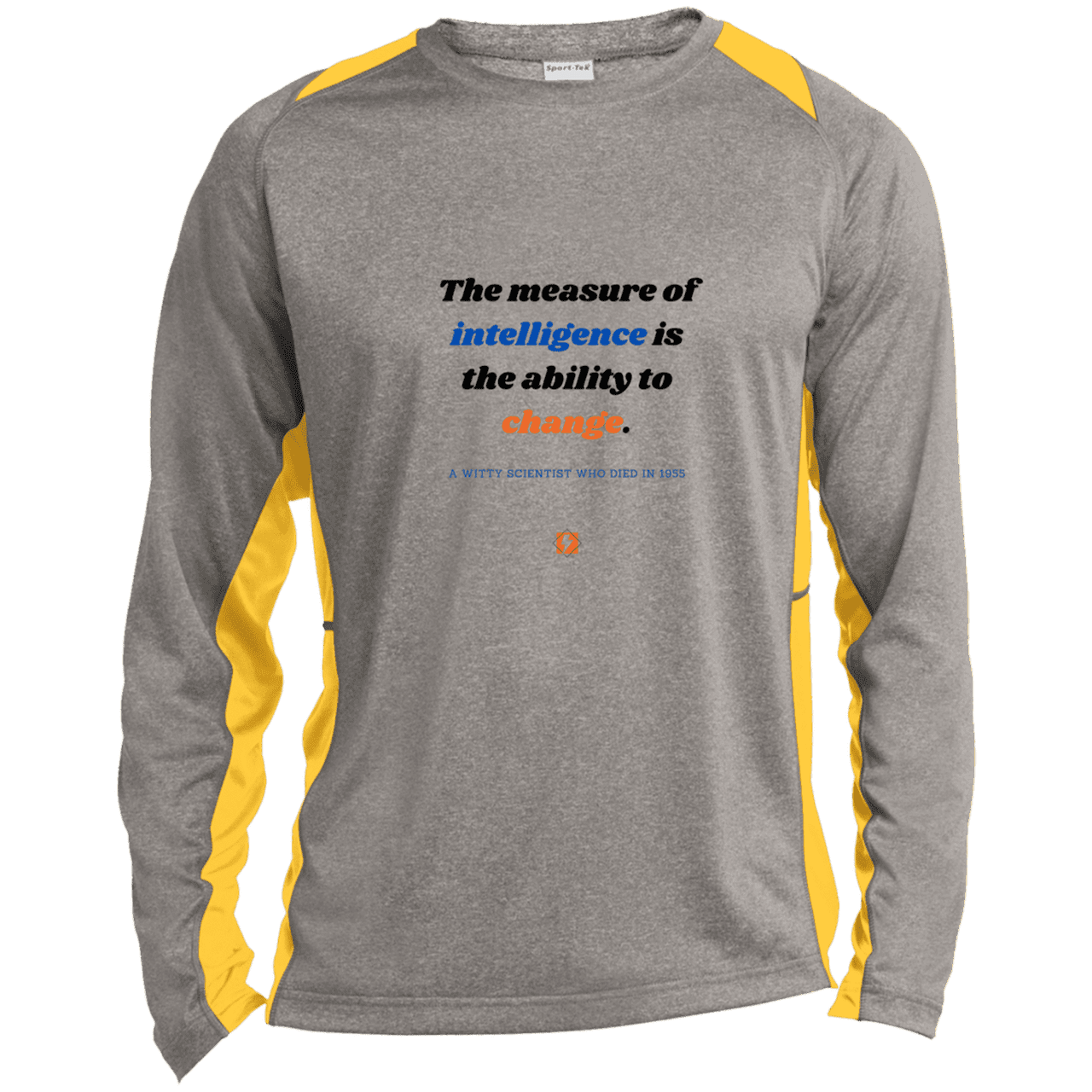 Men's LS Heather Colorblock T-Shirt with inspiring Einstein quote: E117 - Intelligence is the ability to change - Color: Vintage Heather/Gold