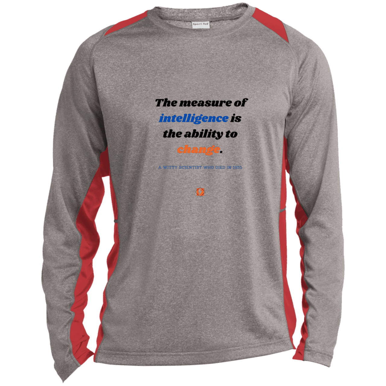 Men's LS Heather Colorblock T-Shirt with inspiring Einstein quote: E117 - Intelligence is the ability to change - Color: Vintage Heather/True Red