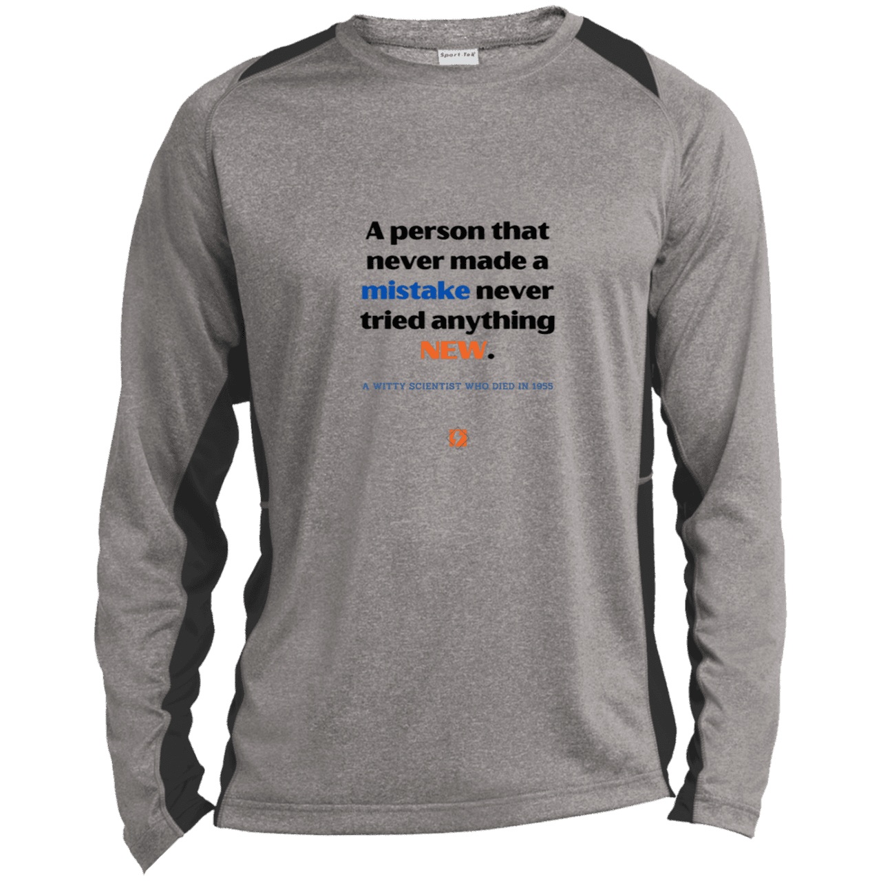 Men's LS Heather Colorblock T-Shirt with inspiring Einstein quote: E118 - Try new things and learn from mistakes - Color: Vintage Heather/Black