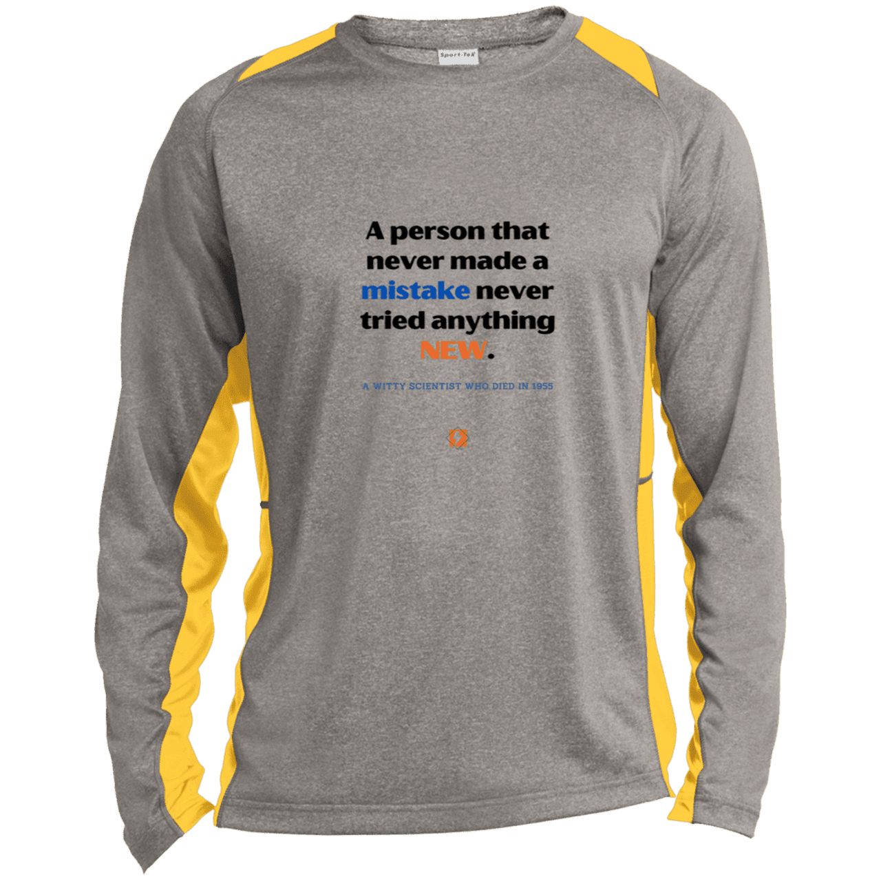 Men's LS Heather Colorblock T-Shirt with inspiring Einstein quote: E118 - Try new things and learn from mistakes - Color: Vintage Heather/Gold