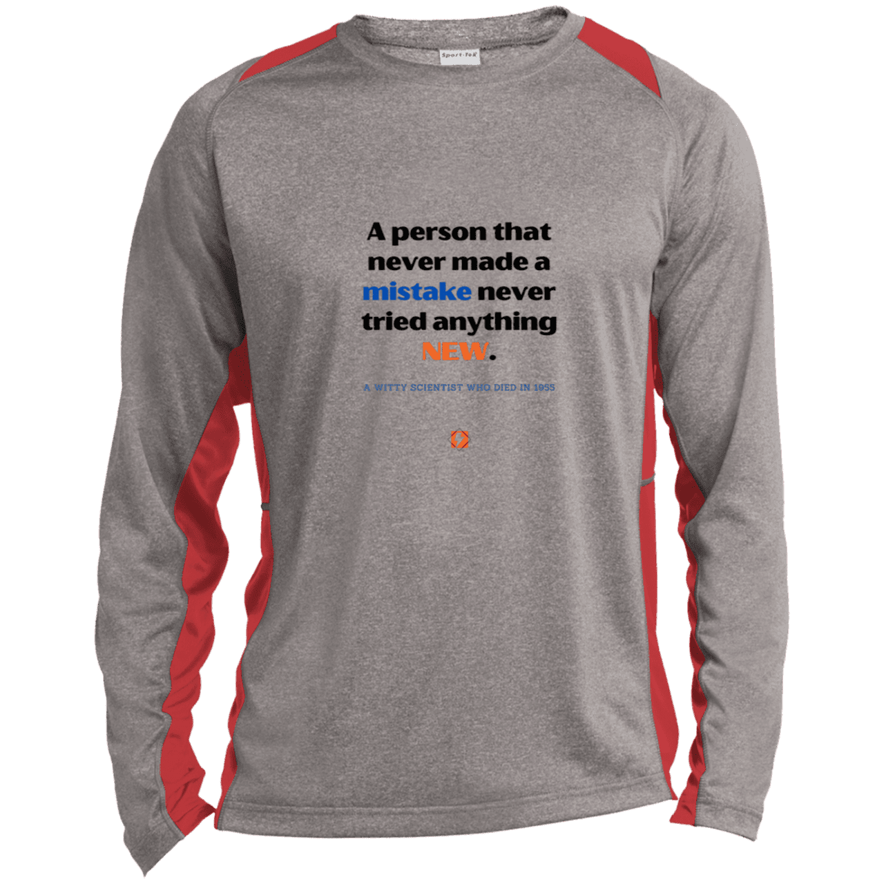 Men's LS Heather Colorblock T-Shirt with inspiring Einstein quote: E118 - Try new things and learn from mistakes - Color: Vintage Heather/True Red