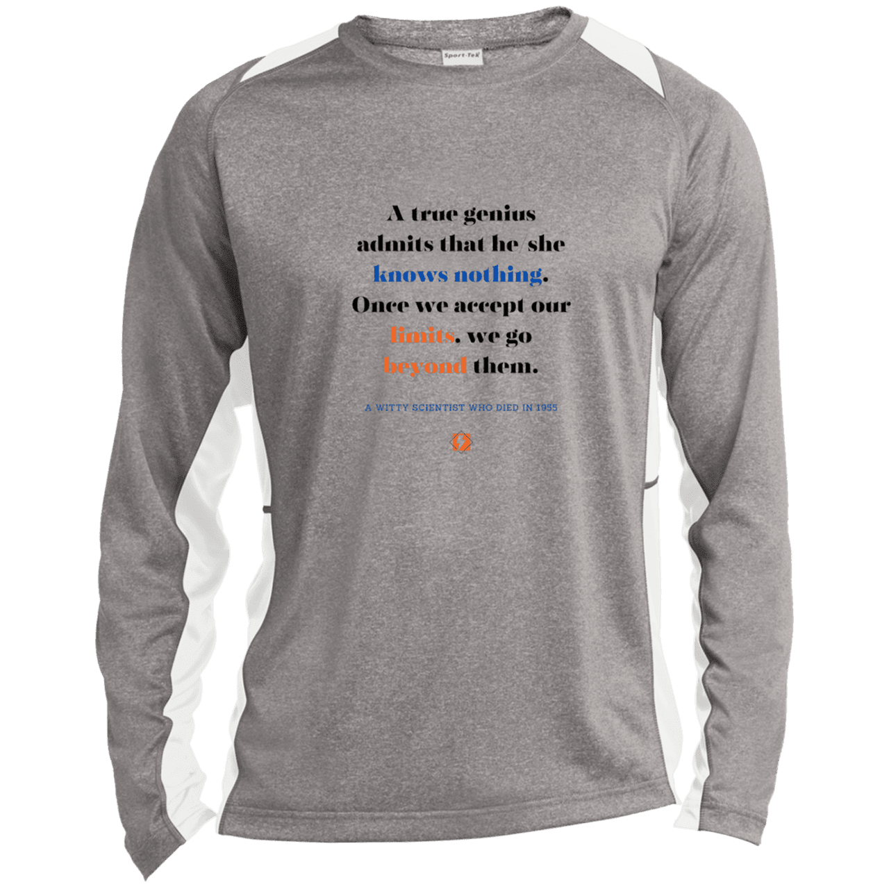 Men's LS Heather Colorblock T-Shirt with inspiring Einstein quote: E119 - A genius is conscious of one's limits - Color: Vintage Heather/White