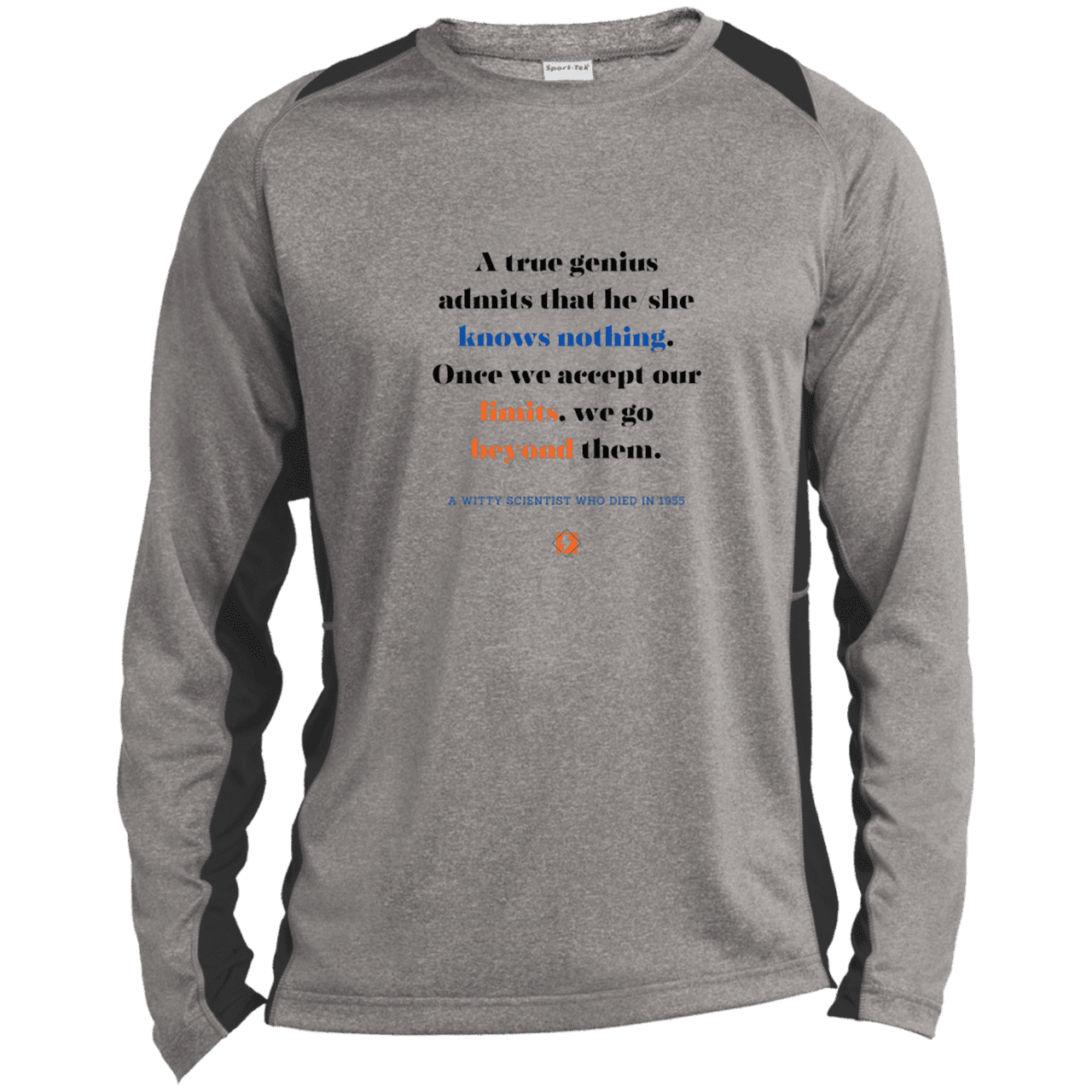 Men's LS Heather Colorblock T-Shirt with inspiring Einstein quote: E119 - A genius is conscious of one's limits - Color: Vintage Heather/Black