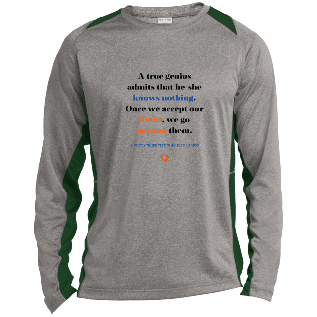 Men's LS Heather Colorblock T-Shirt with inspiring Einstein quote: E119 - A genius is conscious of one's limits - Color: Vintage Heather/Forest Green