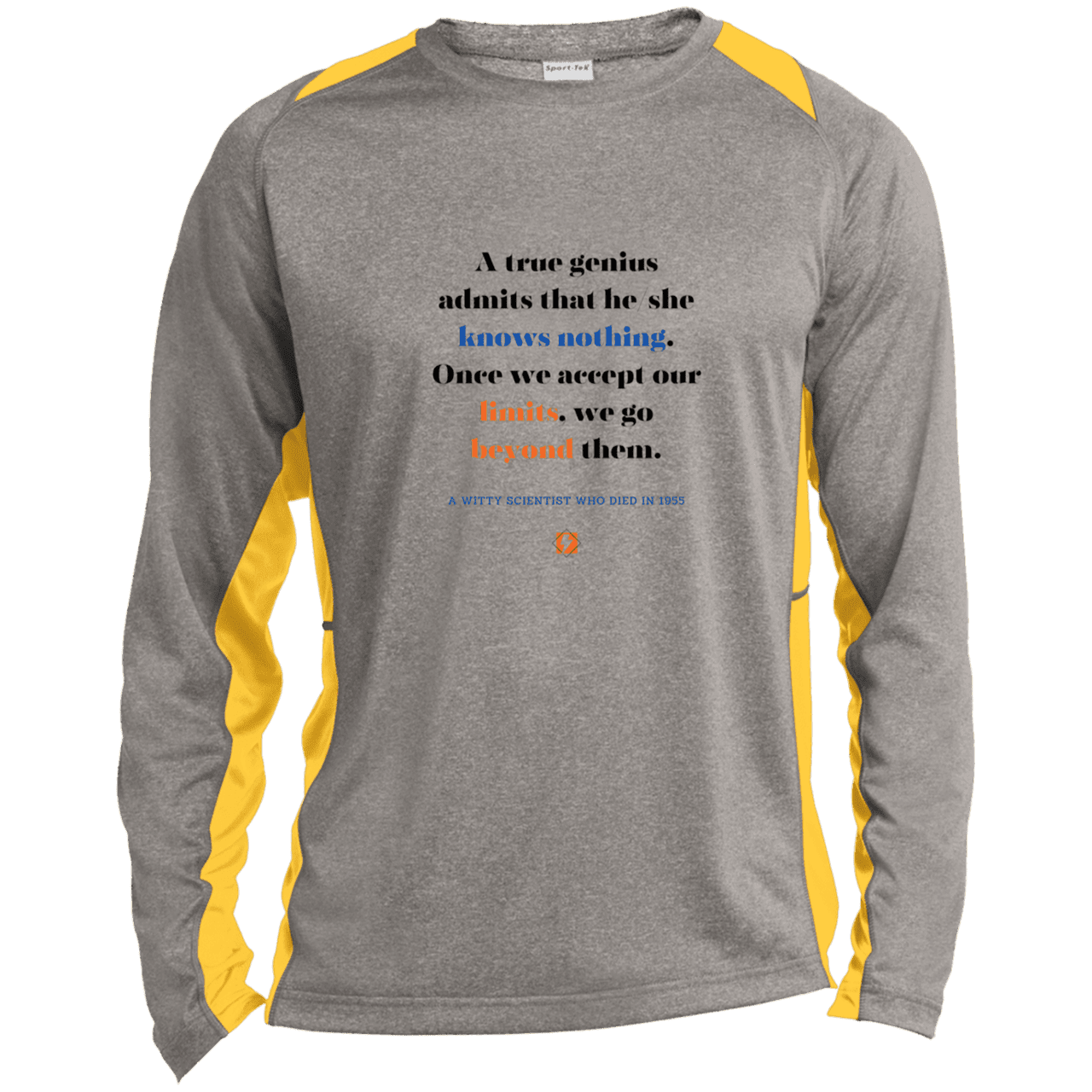 Men's LS Heather Colorblock T-Shirt with inspiring Einstein quote: E119 - A genius is conscious of one's limits - Color: Vintage Heather/Gold