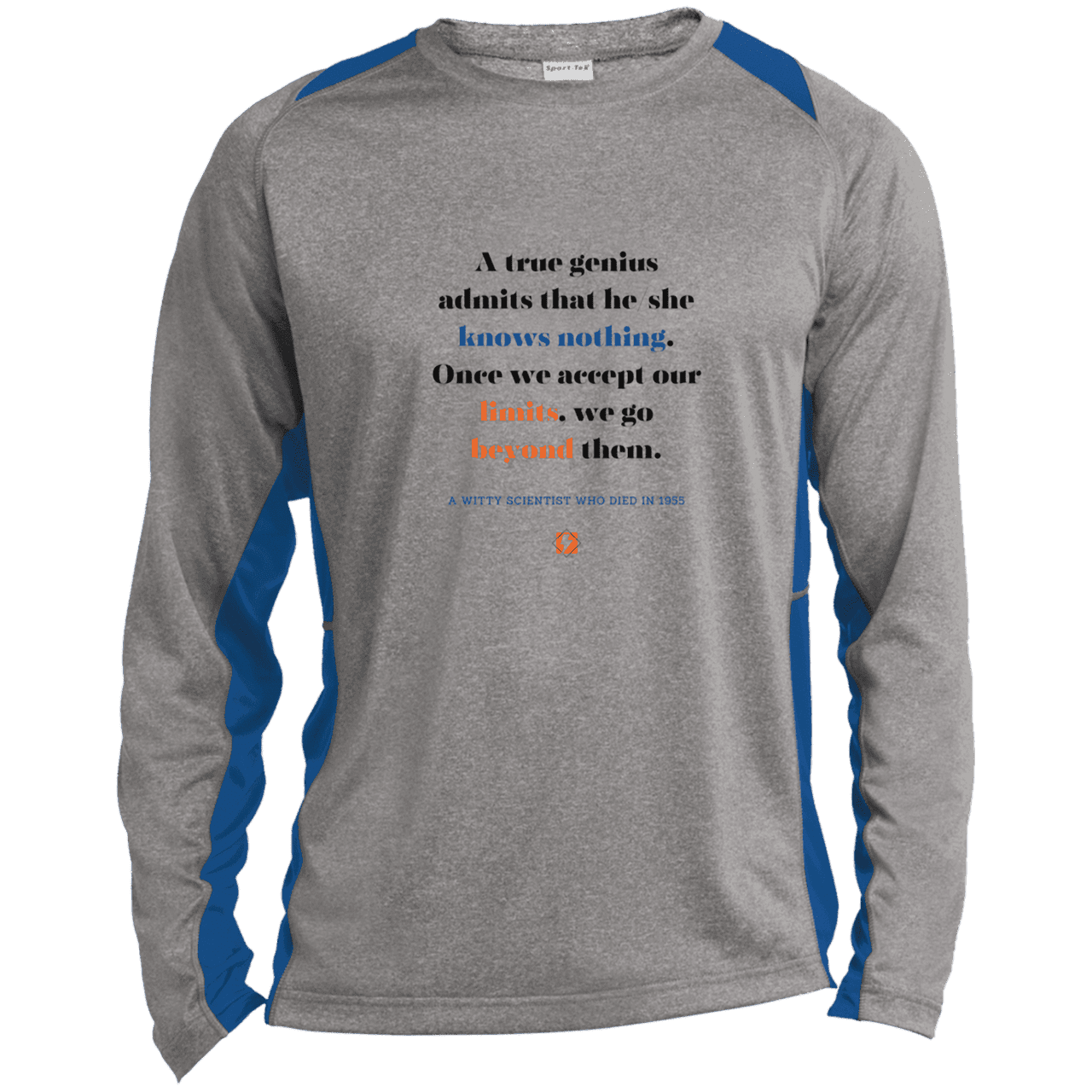 Men's LS Heather Colorblock T-Shirt with inspiring Einstein quote: E119 - A genius is conscious of one's limits - Color: Vintage Heather/True Royal