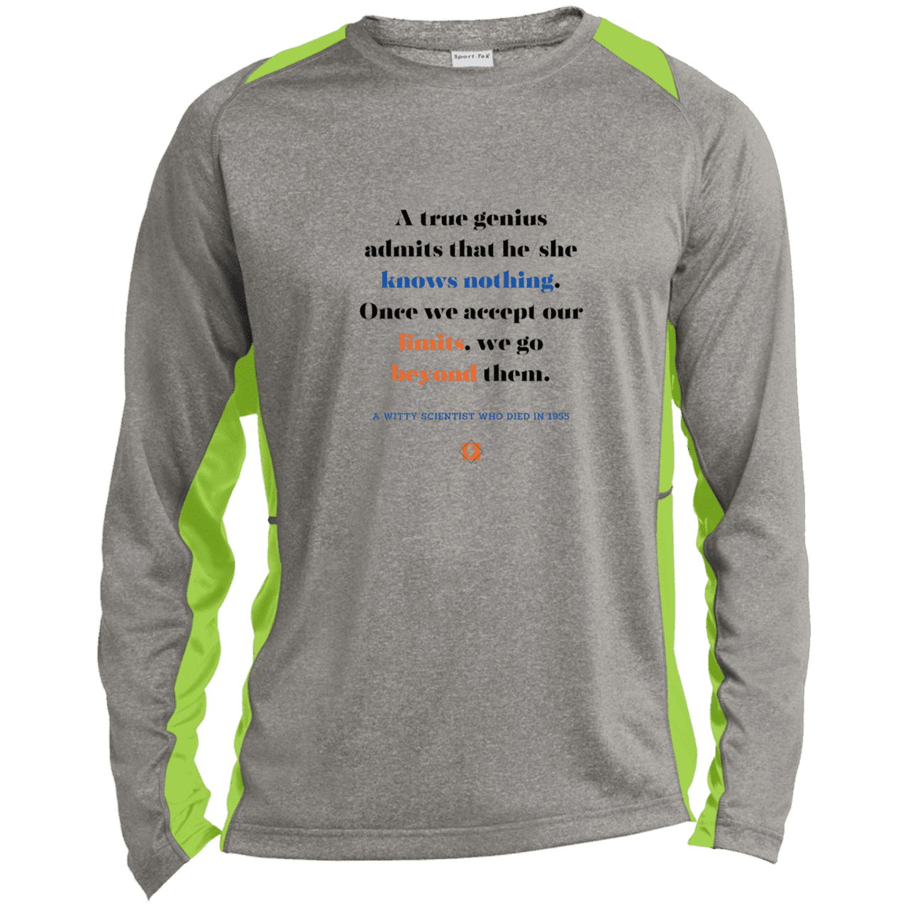 Men's LS Heather Colorblock T-Shirt with inspiring Einstein quote: E119 - A genius is conscious of one's limits - Color: Vintage Heather/Lime Shock