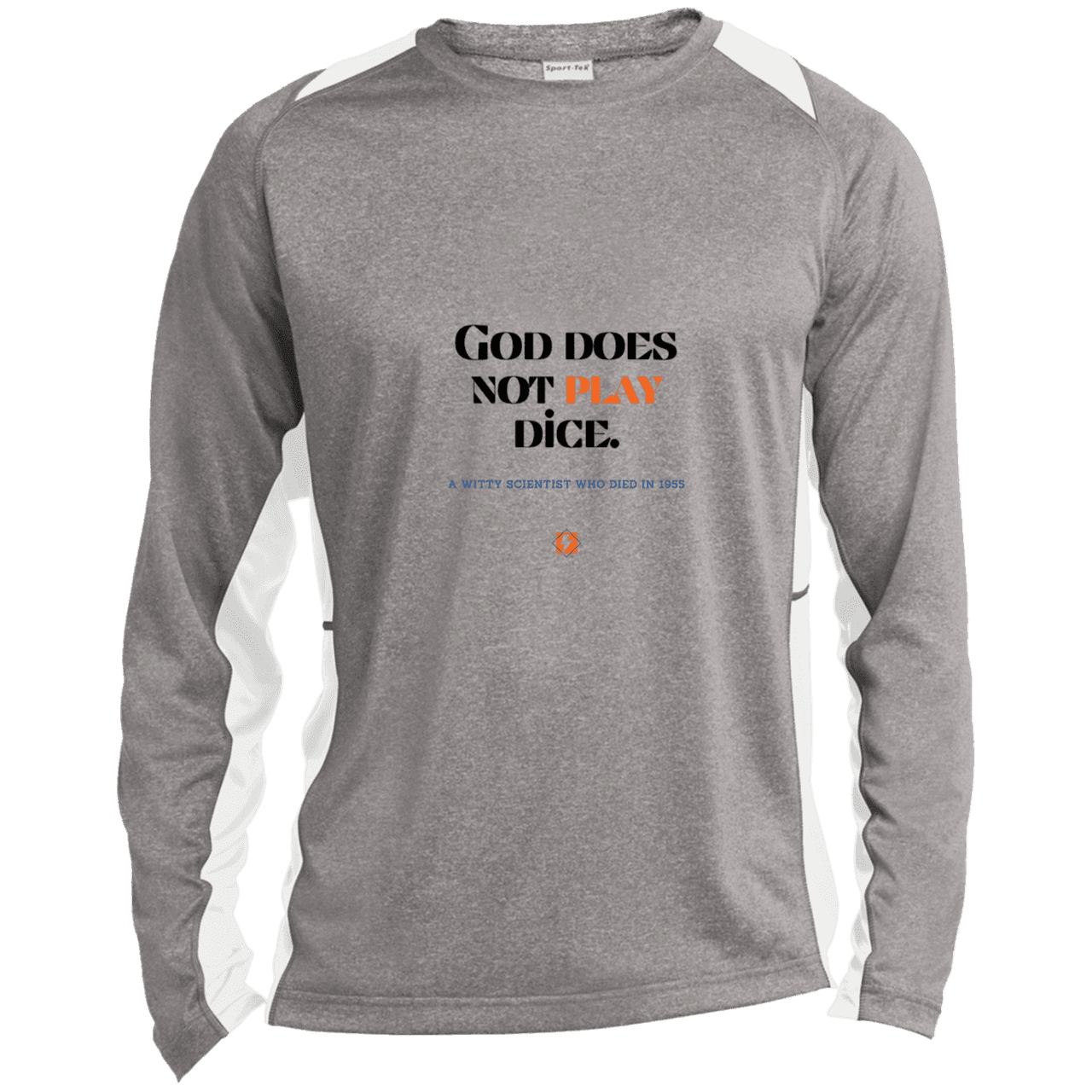 Men's LS Heather Colorblock T-Shirt with inspiring Einstein quote: E121 - God does not play dice - Color: Vintage Heather/White