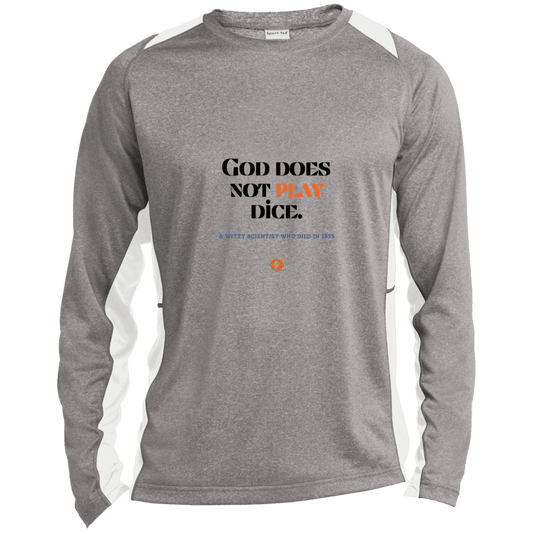 Men's LS Heather Colorblock T-Shirt with inspiring Einstein quote: E121 - God does not play dice - Color: Vintage Heather/White