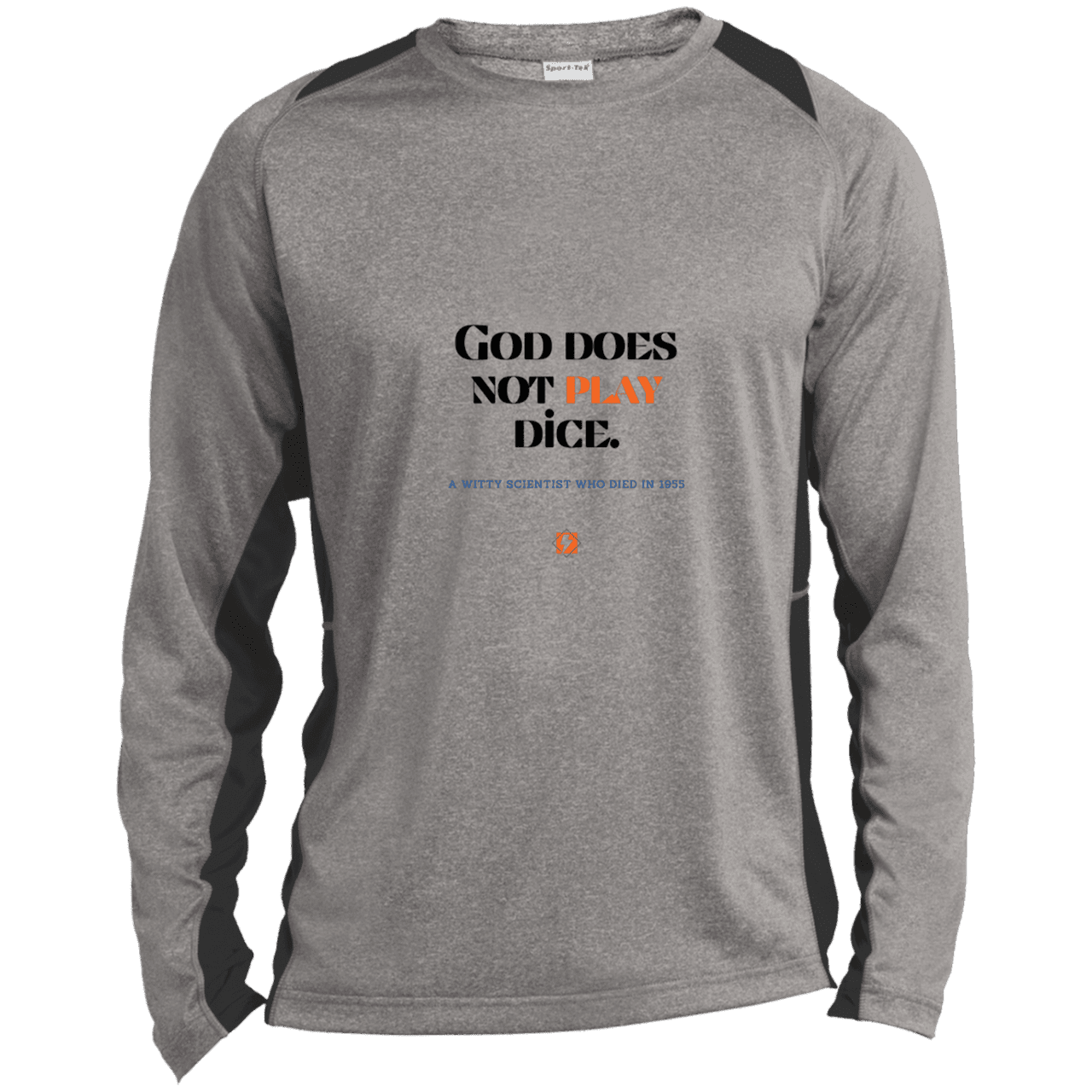 Men's LS Heather Colorblock T-Shirt with inspiring Einstein quote: E121 - God does not play dice - Color: Vintage Heather/Black