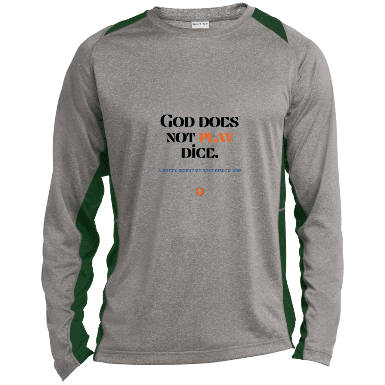 Men's LS Heather Colorblock T-Shirt with inspiring Einstein quote: E121 - God does not play dice - Color: Vintage Heather/Forest Green