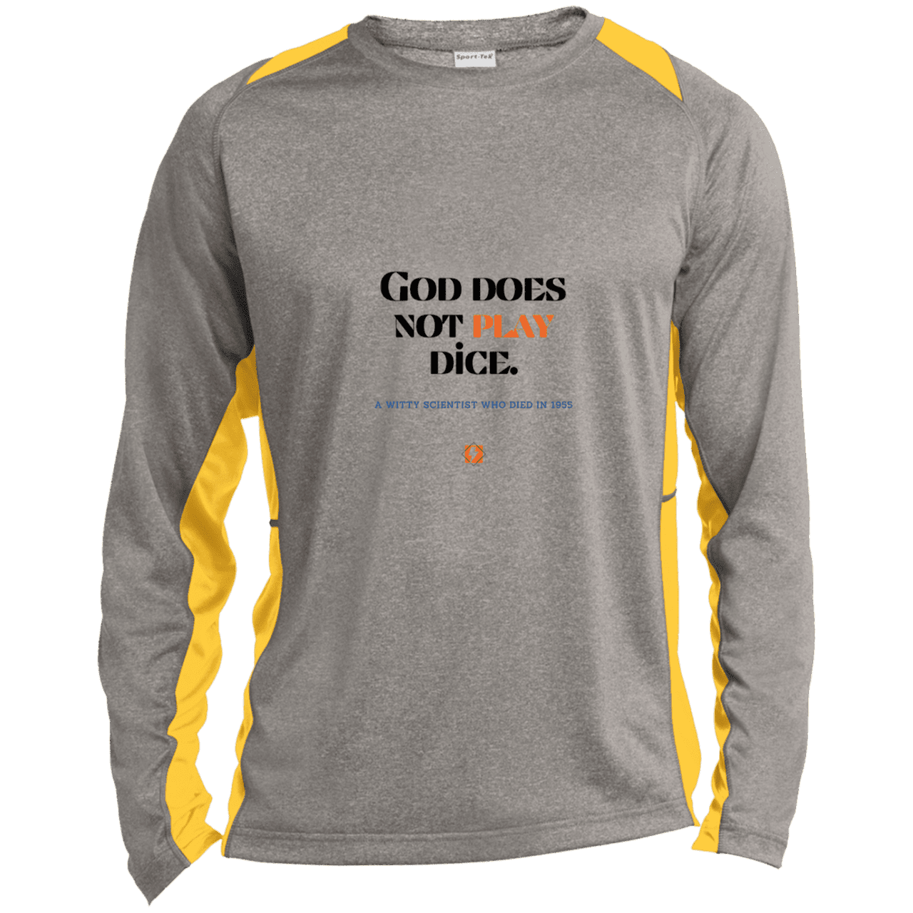 Men's LS Heather Colorblock T-Shirt with inspiring Einstein quote: E121 - God does not play dice - Color: Vintage Heather/Gold