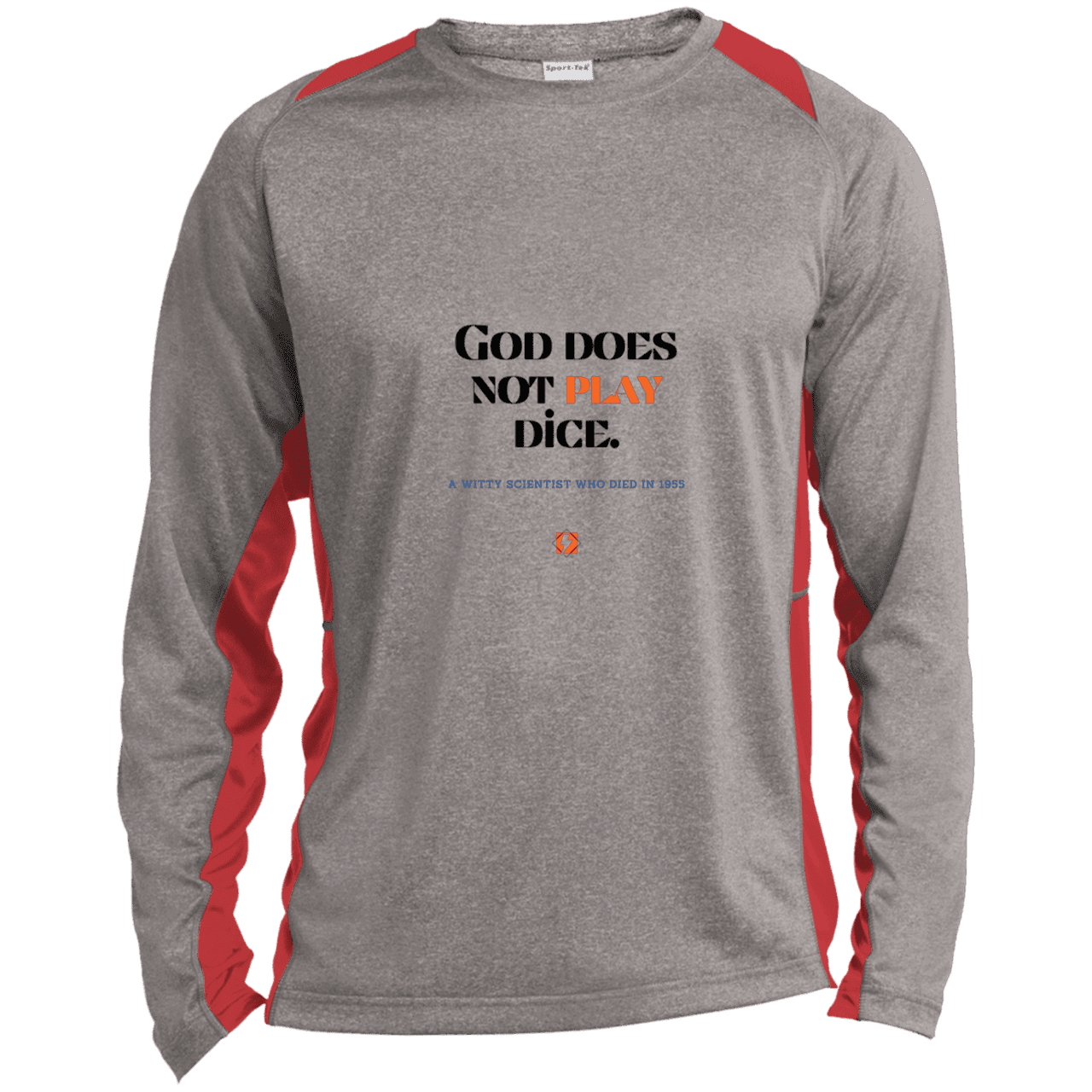 Men's LS Heather Colorblock T-Shirt with inspiring Einstein quote: E121 - God does not play dice - Color: Vintage Heather/True Red