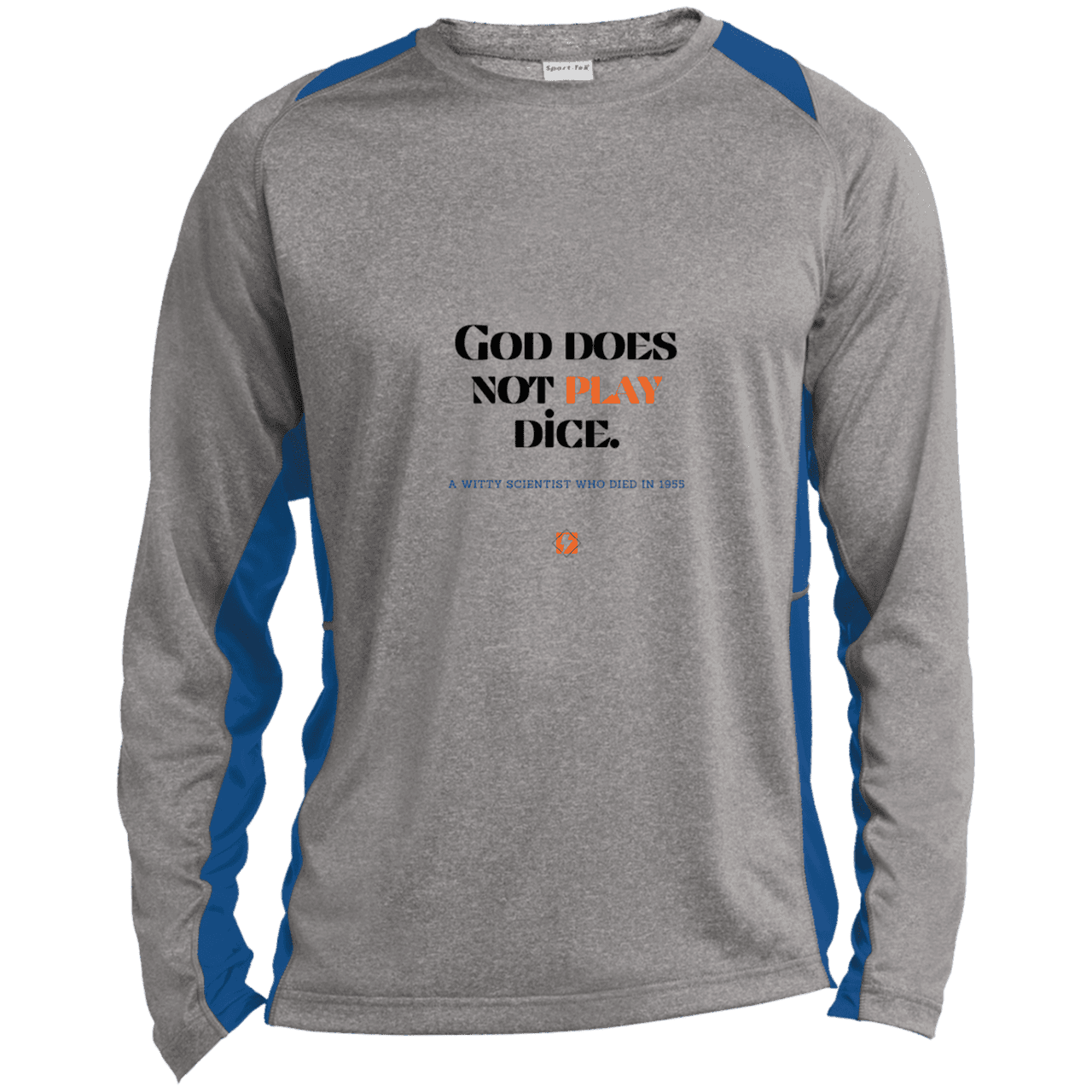 Men's LS Heather Colorblock T-Shirt with inspiring Einstein quote: E121 - God does not play dice - Color: Vintage Heather/True Royal