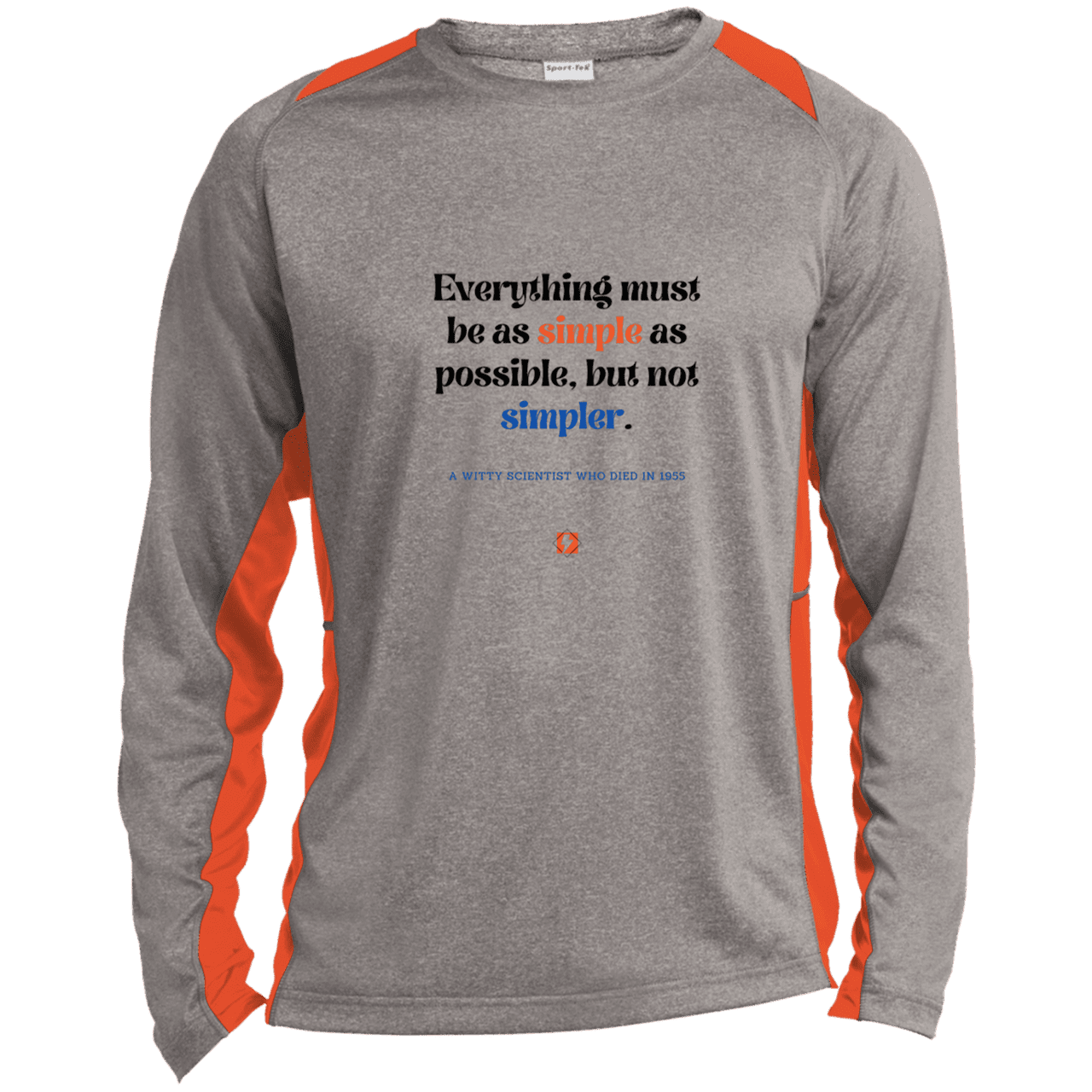 Men's LS Heather Colorblock T-Shirt with inspiring Einstein quote: E122 - Simplicity is best - Color: Vintage Heather/Deep Orange