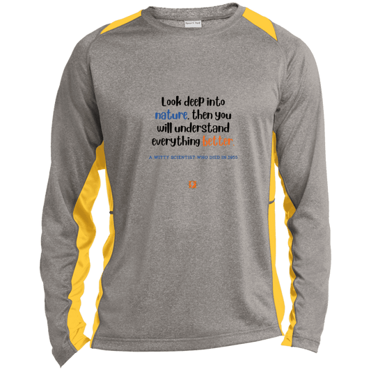 Men's LS Heather Colorblock T-Shirt with inspiring Einstein quote: E123 - Can't blame gravity for falling in love - Color: Vintage Heather/White