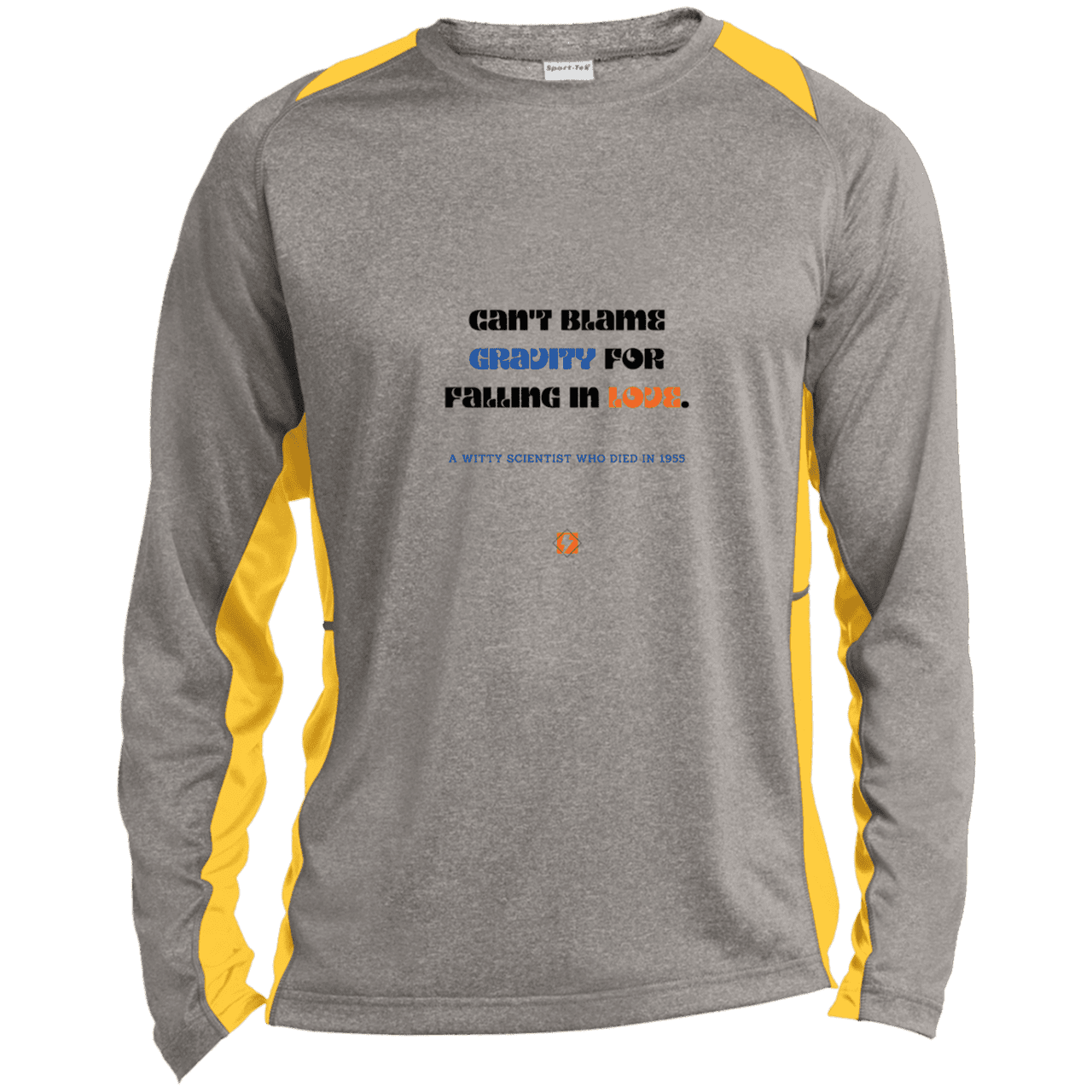 Men's LS Heather Colorblock T-Shirt with inspiring Einstein quote: E123 - Can't blame gravity for falling in love - Color: Vintage Heather/Gold