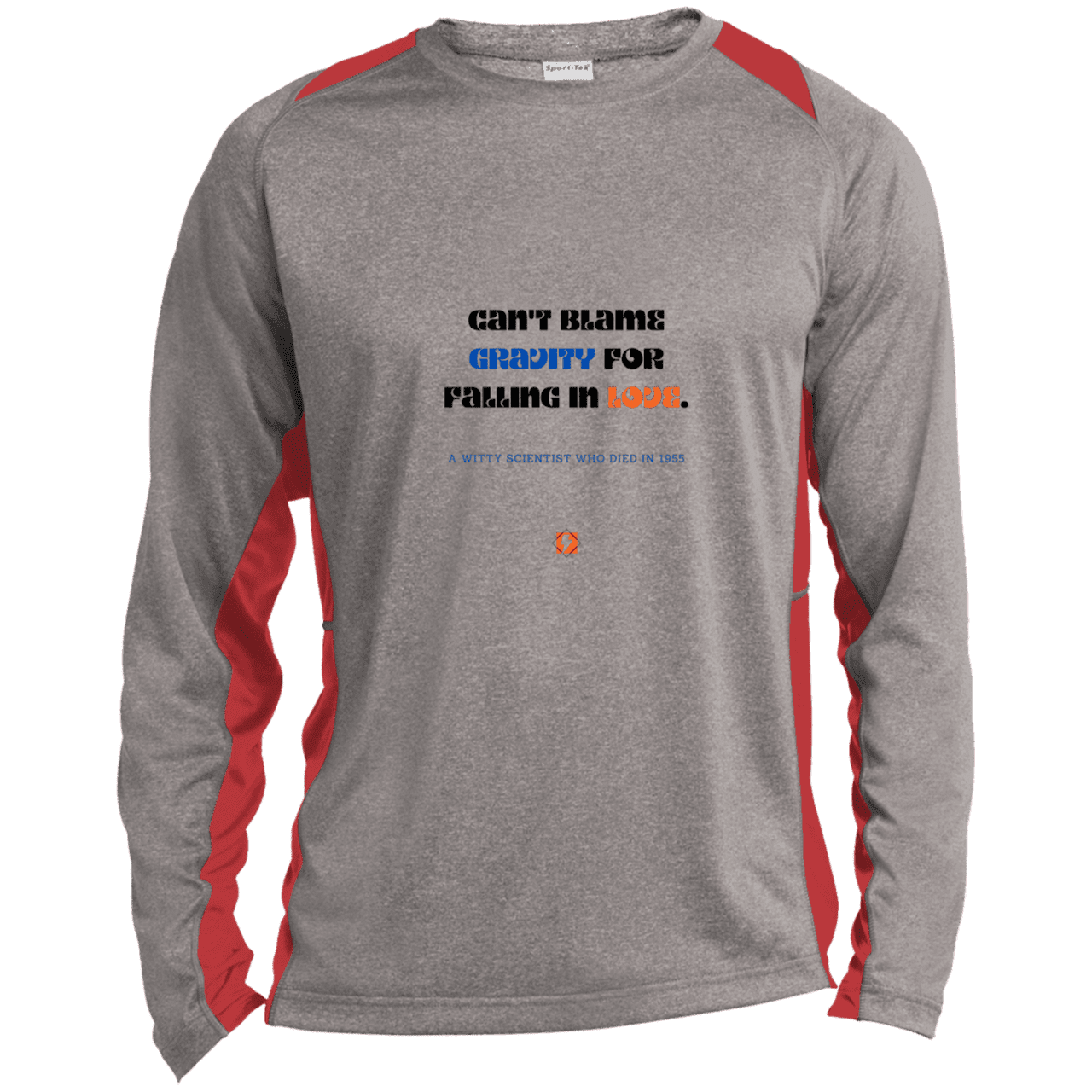 Men's LS Heather Colorblock T-Shirt with inspiring Einstein quote: E123 - Can't blame gravity for falling in love - Color: Vintage Heather/True Red