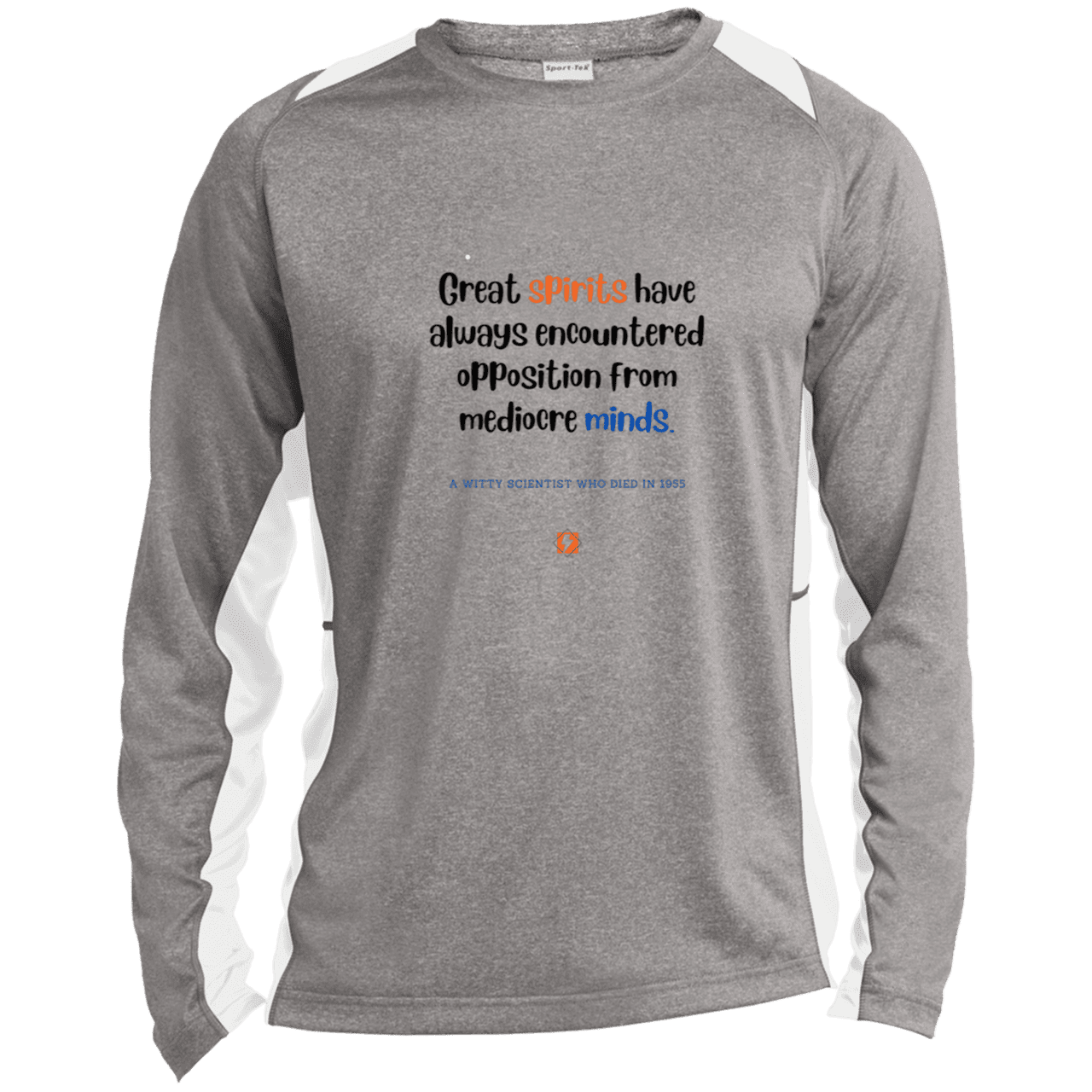 Men's LS Heather Colorblock T-Shirt with inspiring Einstein quote: E124 - Great spirits encounter opposition from mediocre minds - Color: Vintage Heather/White