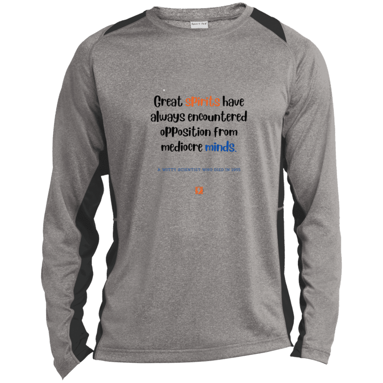 Men's LS Heather Colorblock T-Shirt with inspiring Einstein quote: E124 - Great spirits encounter opposition from mediocre minds - Color: Vintage Heather/Black