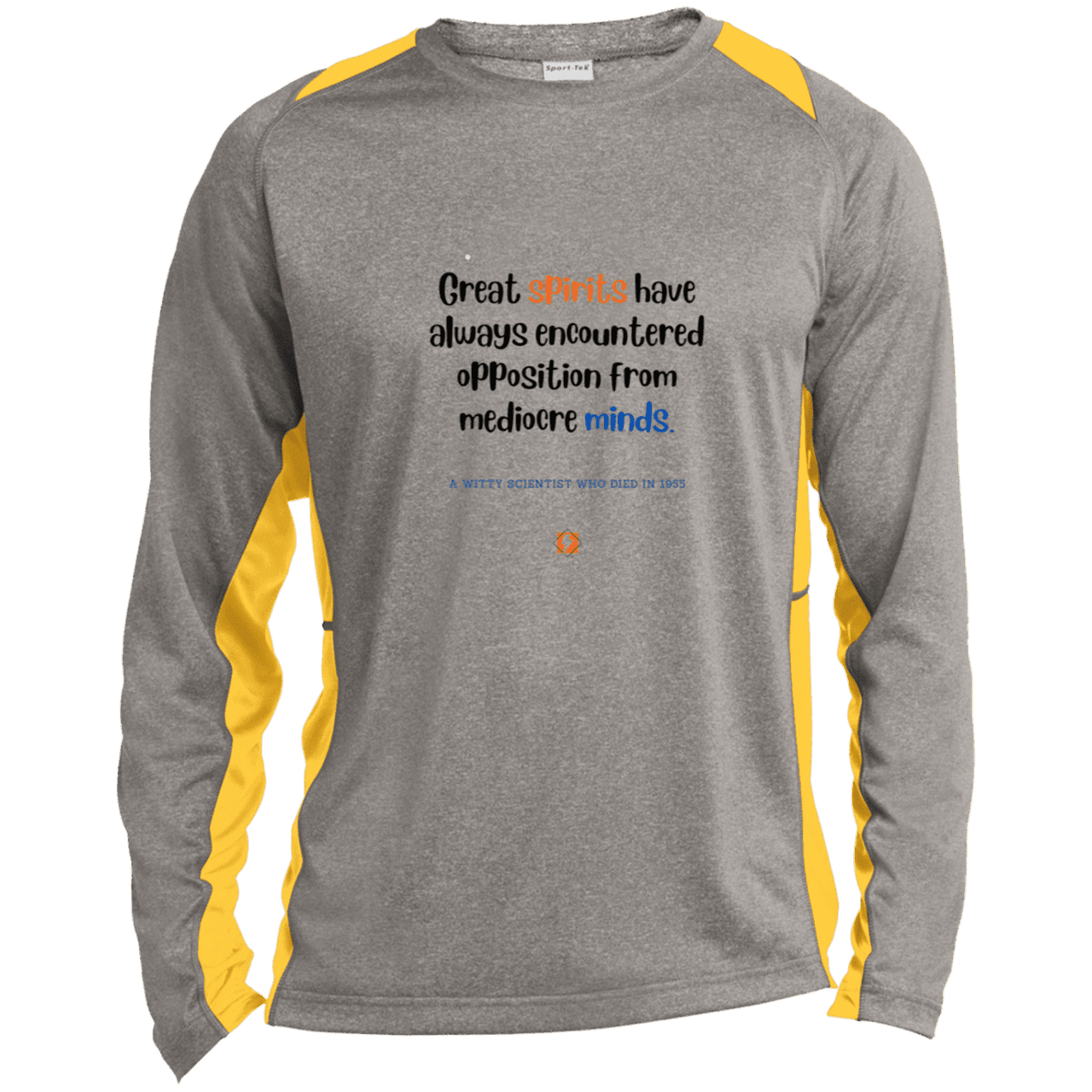 Men's LS Heather Colorblock T-Shirt with inspiring Einstein quote: E124 - Great spirits encounter opposition from mediocre minds - Color: Vintage Heather/Gold