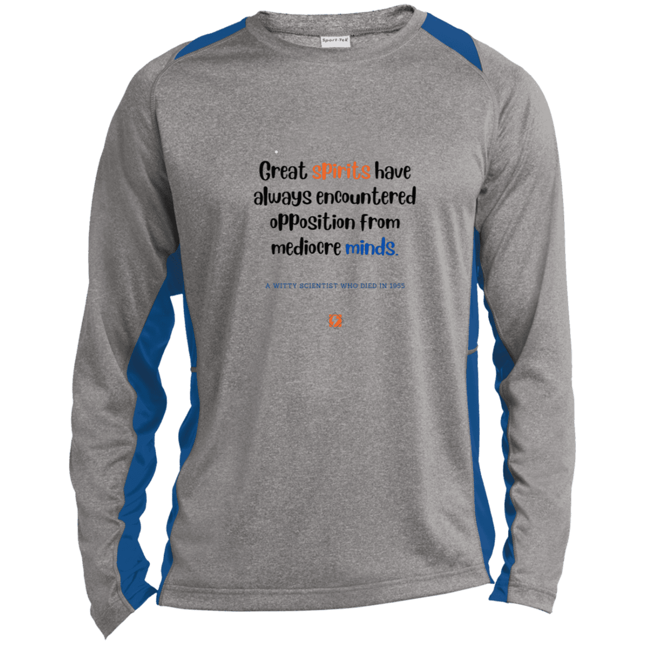 Men's LS Heather Colorblock T-Shirt with inspiring Einstein quote: E124 - Great spirits encounter opposition from mediocre minds - Color: Vintage Heather/True Royal