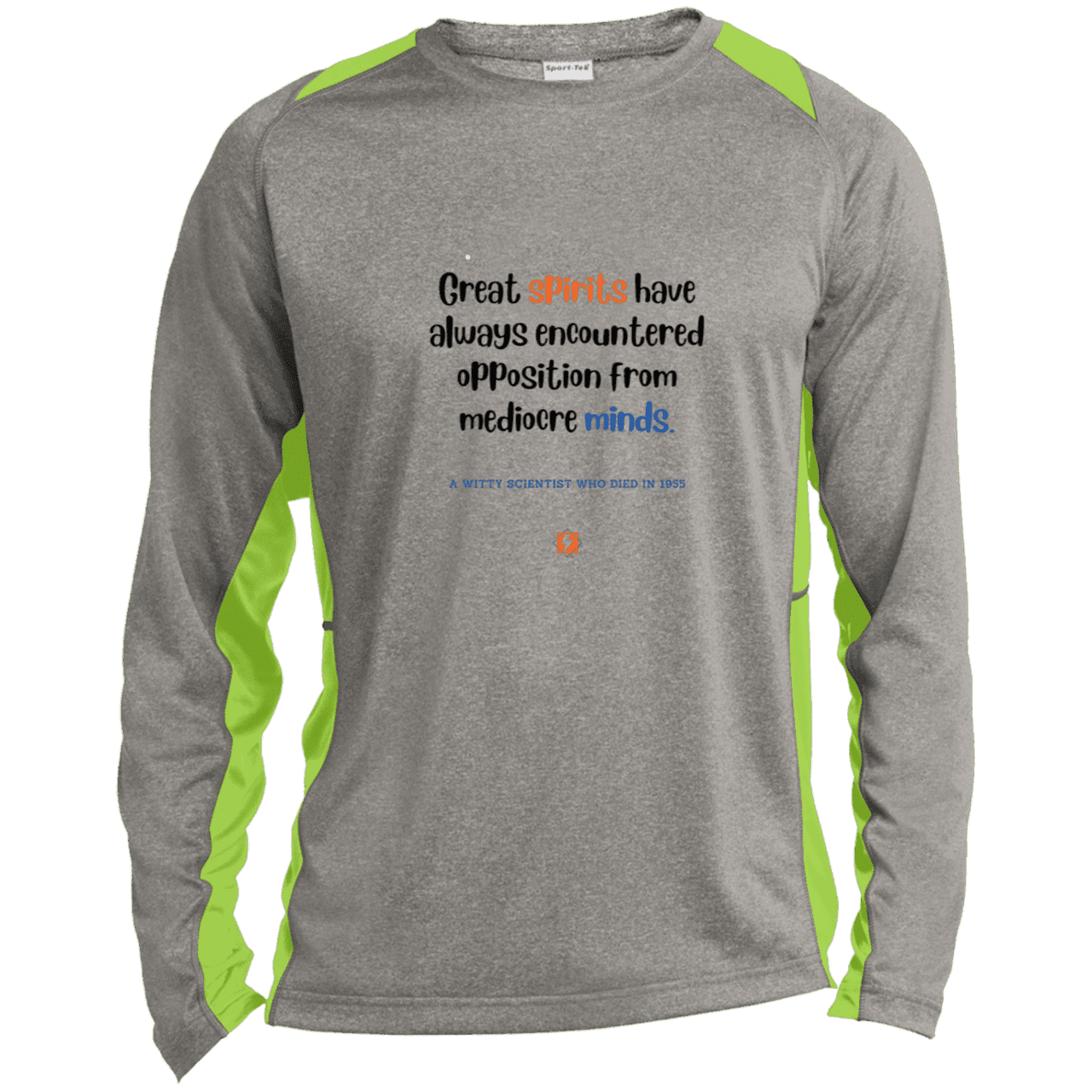 Men's LS Heather Colorblock T-Shirt with inspiring Einstein quote: E124 - Great spirits encounter opposition from mediocre minds - Color: Vintage Heather/Lime Shock