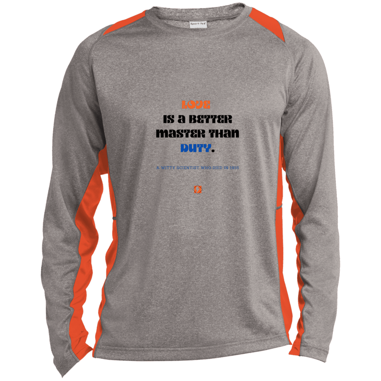 Men's LS Heather Colorblock T-Shirt with inspiring Einstein quote: E126 - Love is a better master than duty - Color: Vintage Heather/Deep Orange