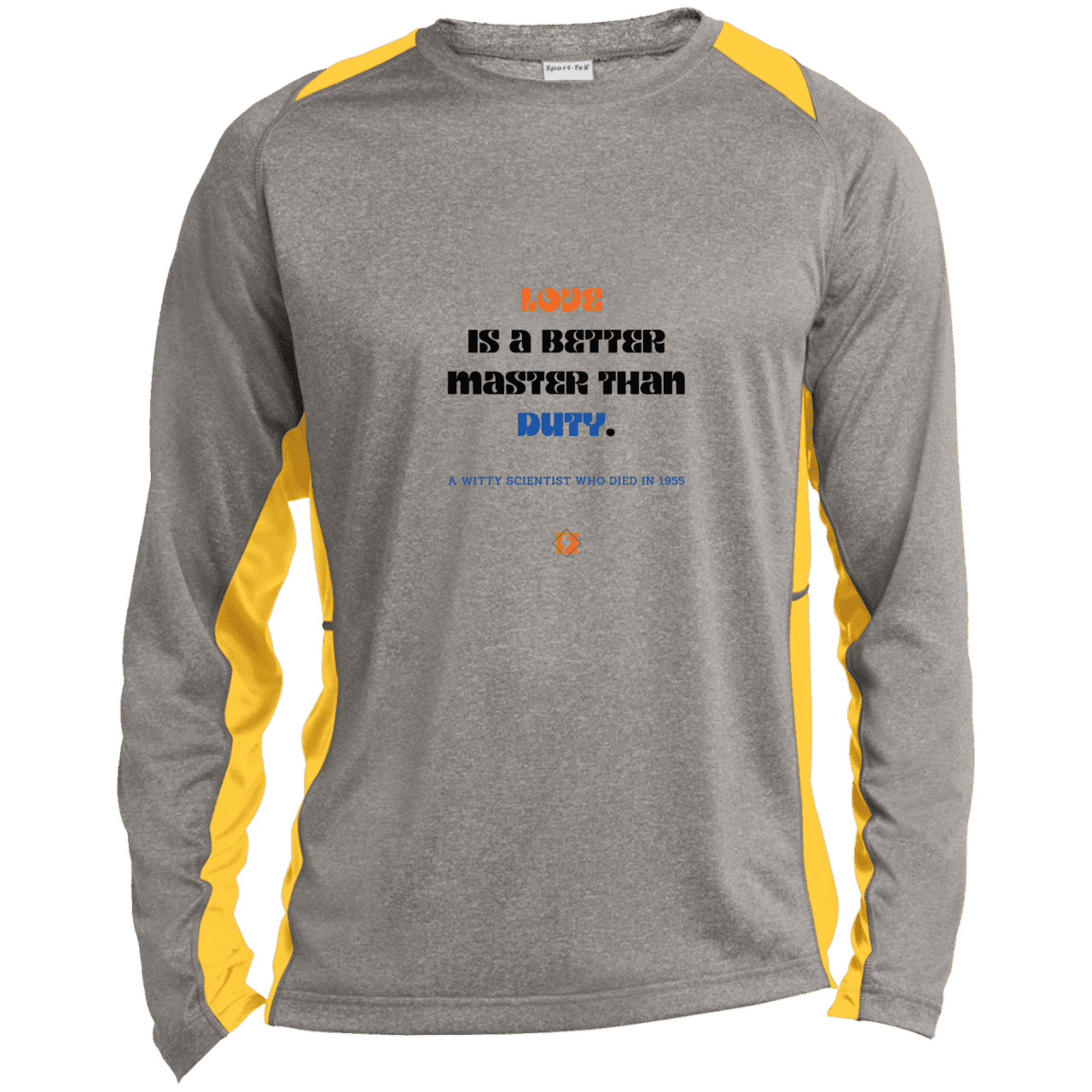 Men's LS Heather Colorblock T-Shirt with inspiring Einstein quote: E126 - Love is a better master than duty - Color: Vintage Heather/Gold