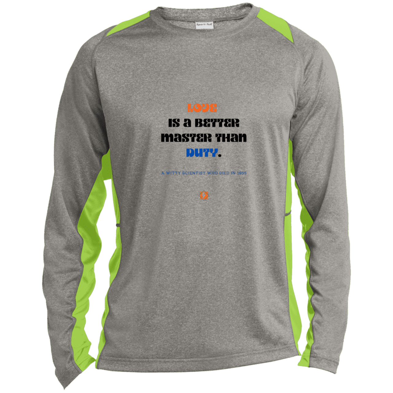 Men's LS Heather Colorblock T-Shirt with inspiring Einstein quote: E126 - Love is a better master than duty - Color: Vintage Heather/Lime Shock