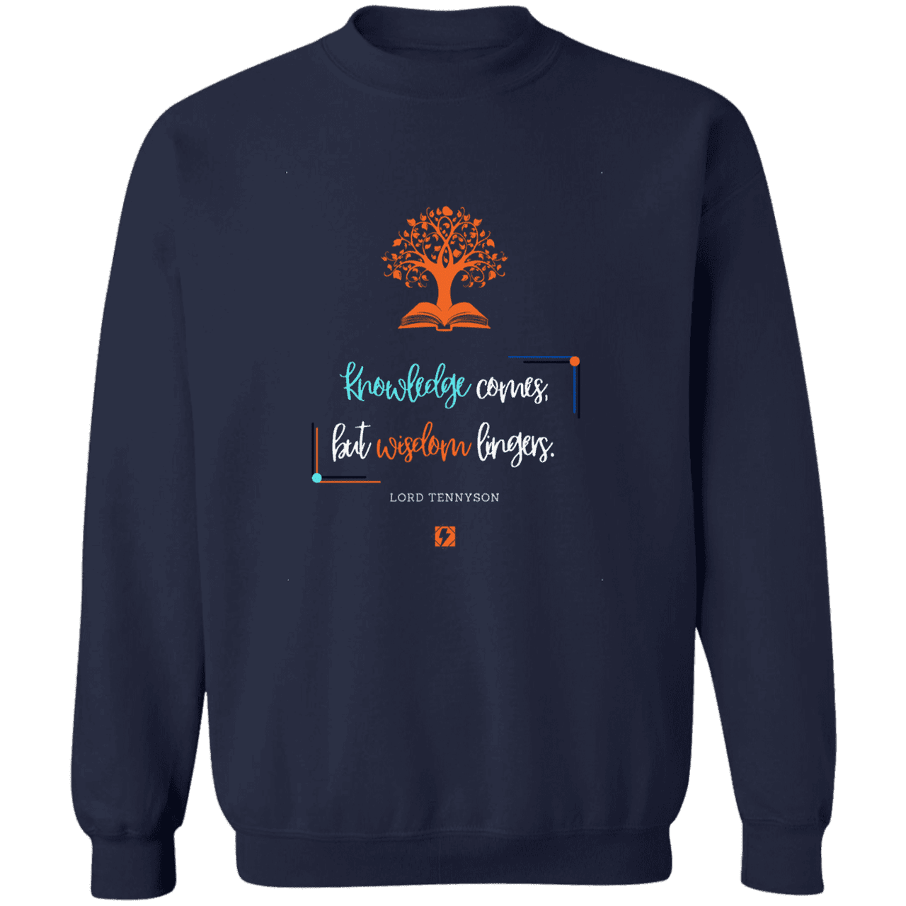 Men's Pullover Crewneck Sweatshirt Z65x with inspiring Tennyson quote: LT107 - Knowledge vs Wisdom - Color: Navy