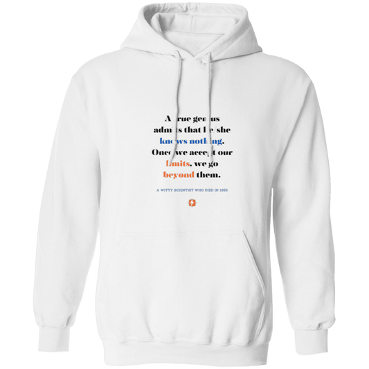 Men's Pullover Hoodie 50/50 cotton/poly Z66x with inspiring Einstein quote: E119 - A genius is conscious of one's limits - Color: White