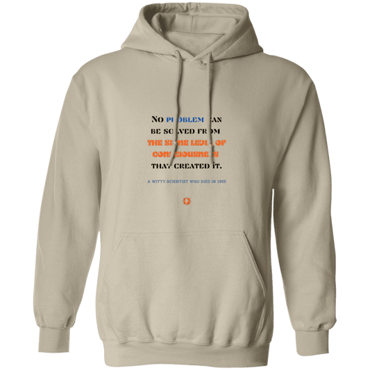 Men's Pullover Hoodie G185 with inspiring Einstein quote: E111 - Problem solving needs fresh thinking - Color: Sand