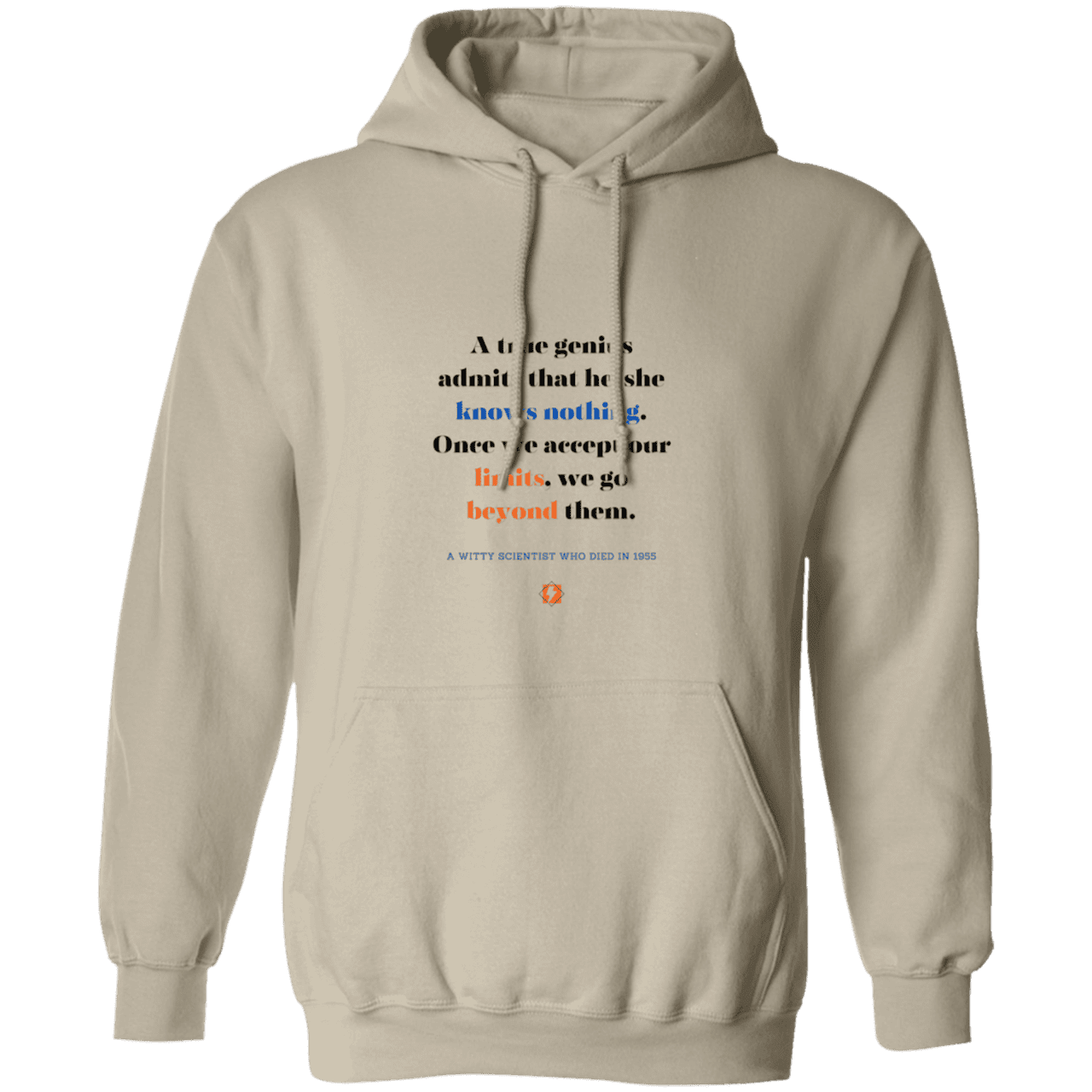 Men's Pullover Hoodie G185 with inspiring Einstein quote: E119 - A genius is conscious of one's limits - Color: Sand