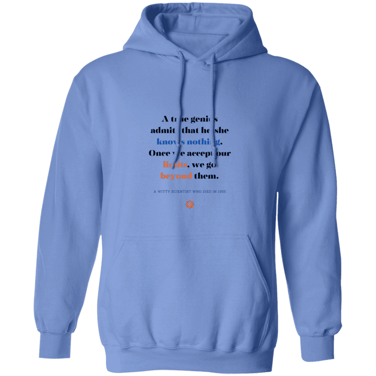 Men's Pullover Hoodie G185 with inspiring Einstein quote: E119 - A genius is conscious of one's limits - Color: Carolina Blue