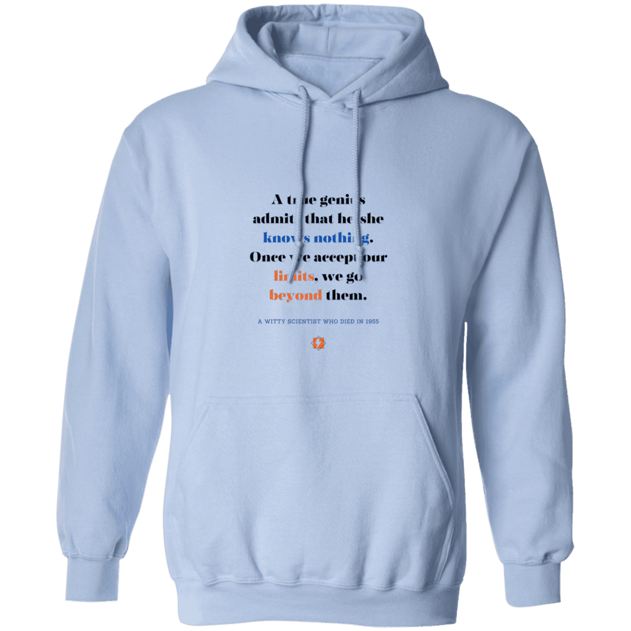 Men's Pullover Hoodie G185 with inspiring Einstein quote: E119 - A genius is conscious of one's limits - Color: Light Blue