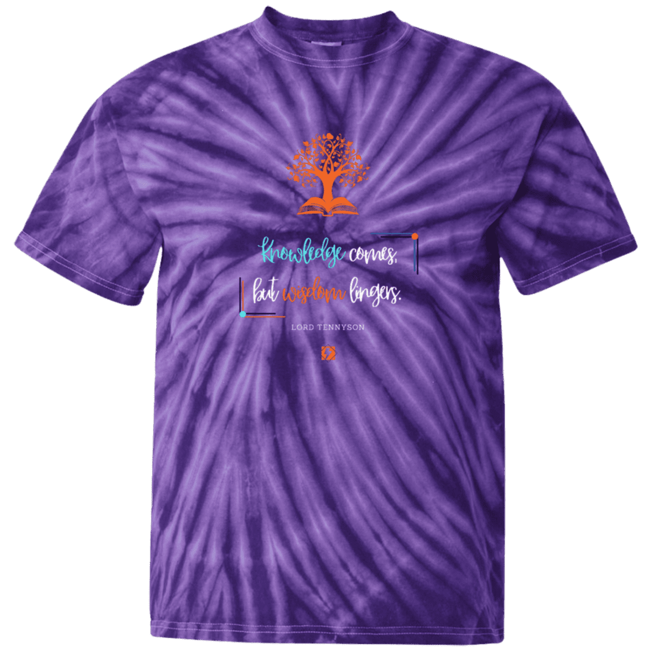 Men's T-Shirt Cotton Tie Dye CD100 with inspiring Tennyson quote: LT107 - Knowledge vs Wisdom - Color: SpiderPurple