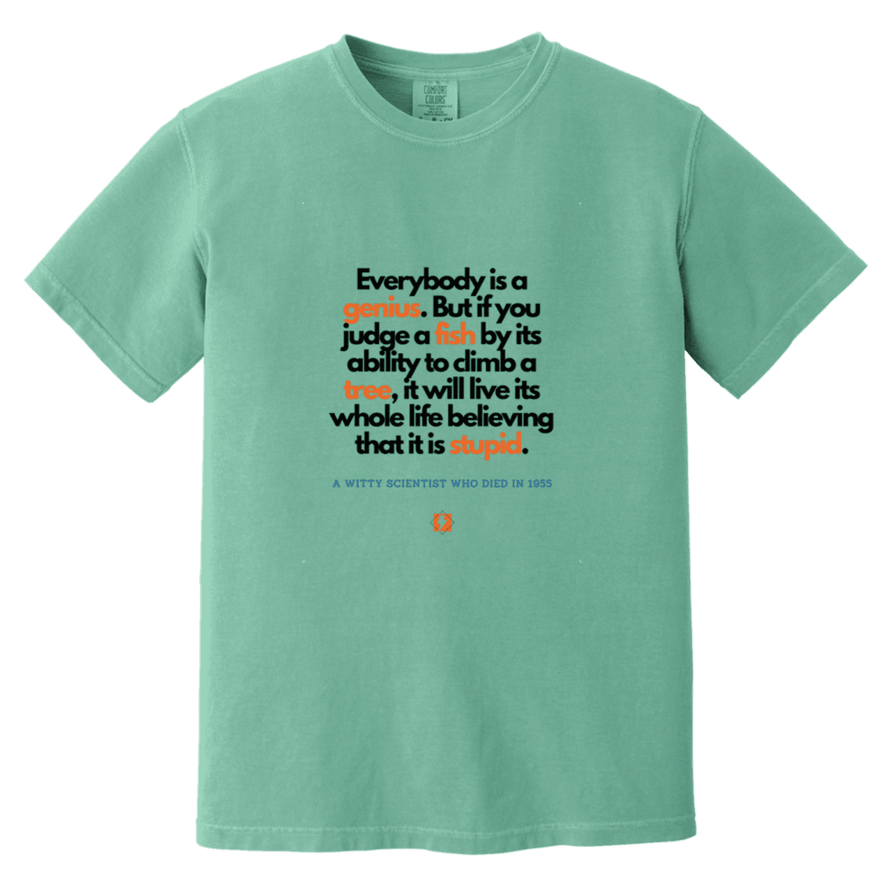 Men's T-Shirt Heavyweight Dyed Tee CC1717 with inspiring Einstein quote: E103 - Everybody is a genius - Color: Seafoam