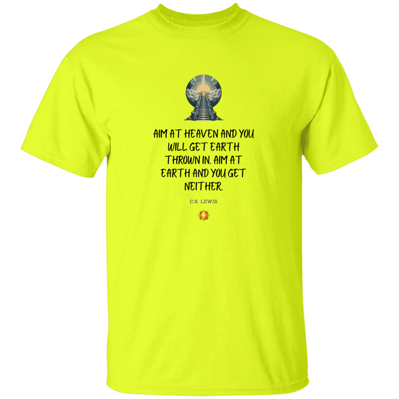 Men's T-Shirt Heavyweight G500 with inspiring CS Lewis quote: CS101 - Aim for heaven - Color: Safety Green