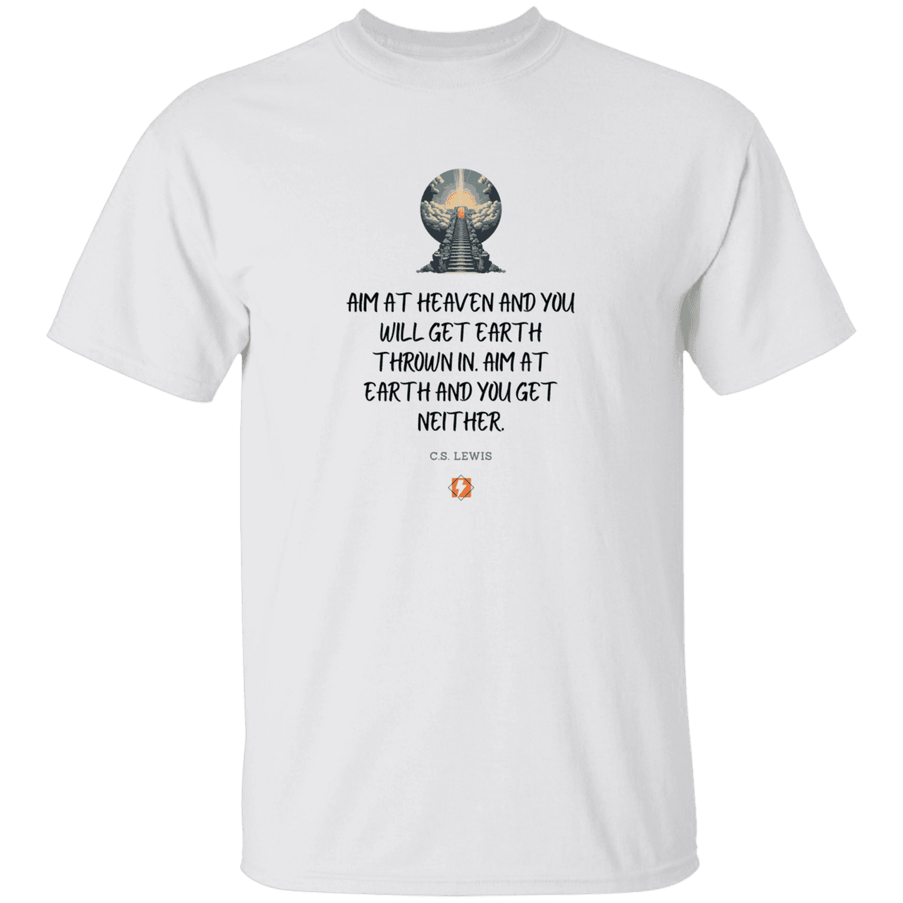 Men's T-Shirt Heavyweight G500 with inspiring CS Lewis quote: CS101 - Aim for heaven - Color: White